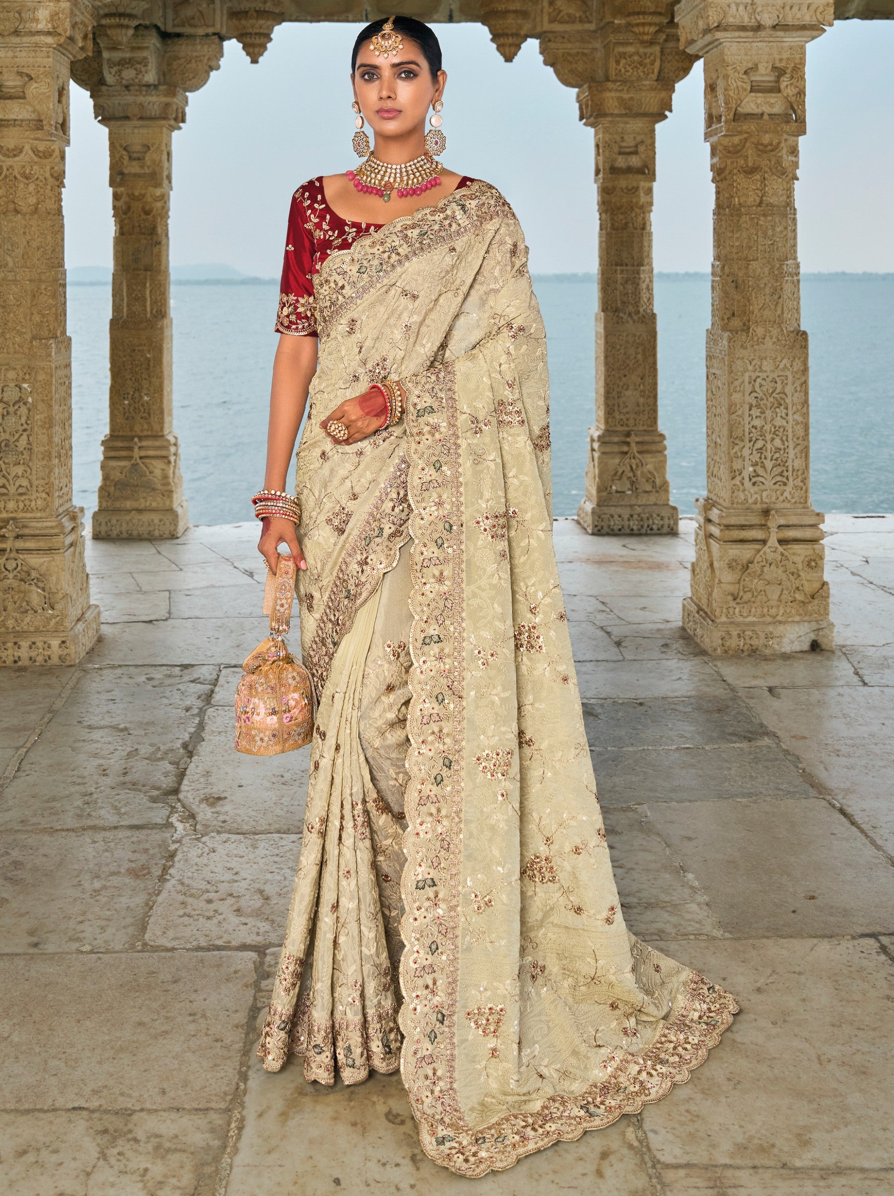 Parchment Beige Wedding Designer Saree - TrendOye