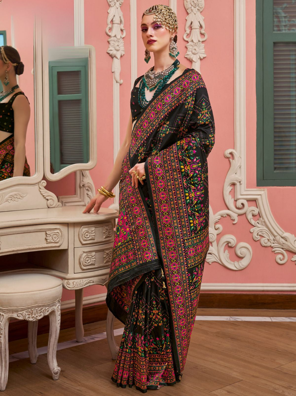 Black Banarasi Silk Saree With Meenakari Work