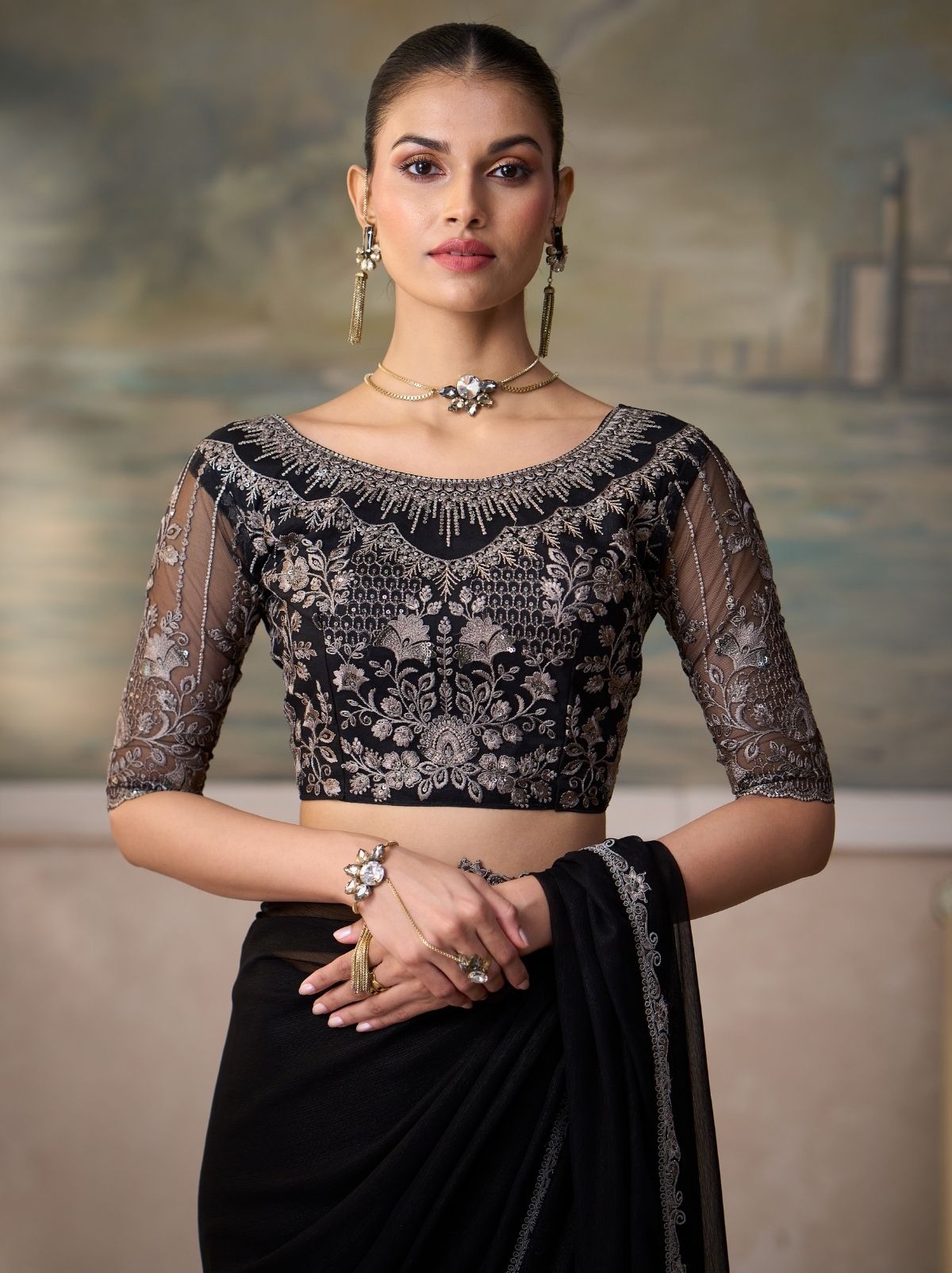 Black Contemporary Sequin Statement Saree & Net Blouse With Premium Base Liner