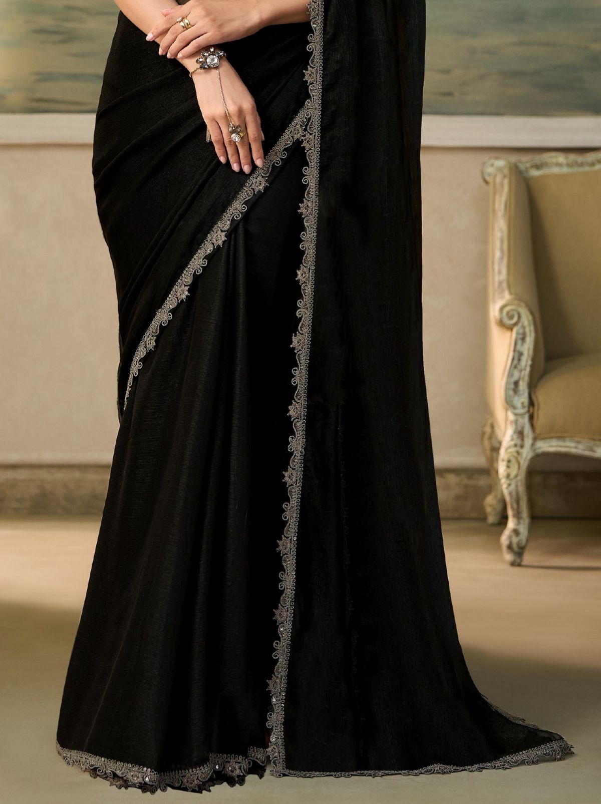 Black Contemporary Sequin Statement Saree & Net Blouse With Premium Base Liner