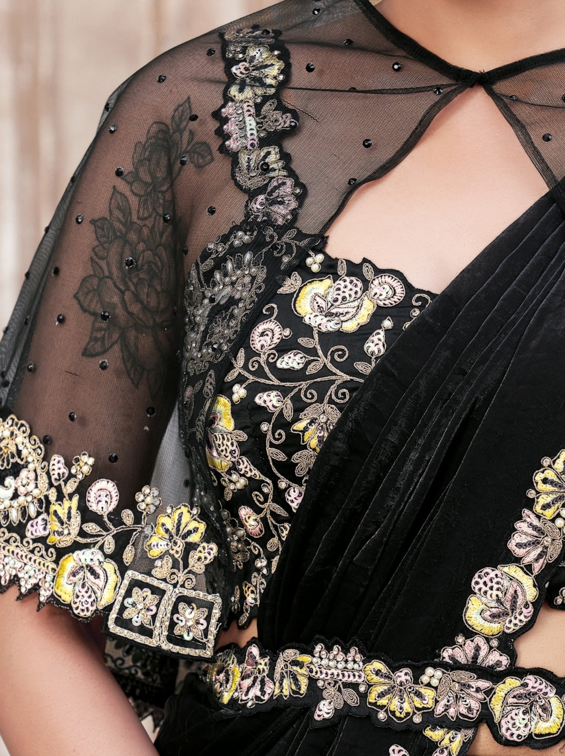 Black Designer Ready To Wear Saree With Stitched Blouse - TrendOye
