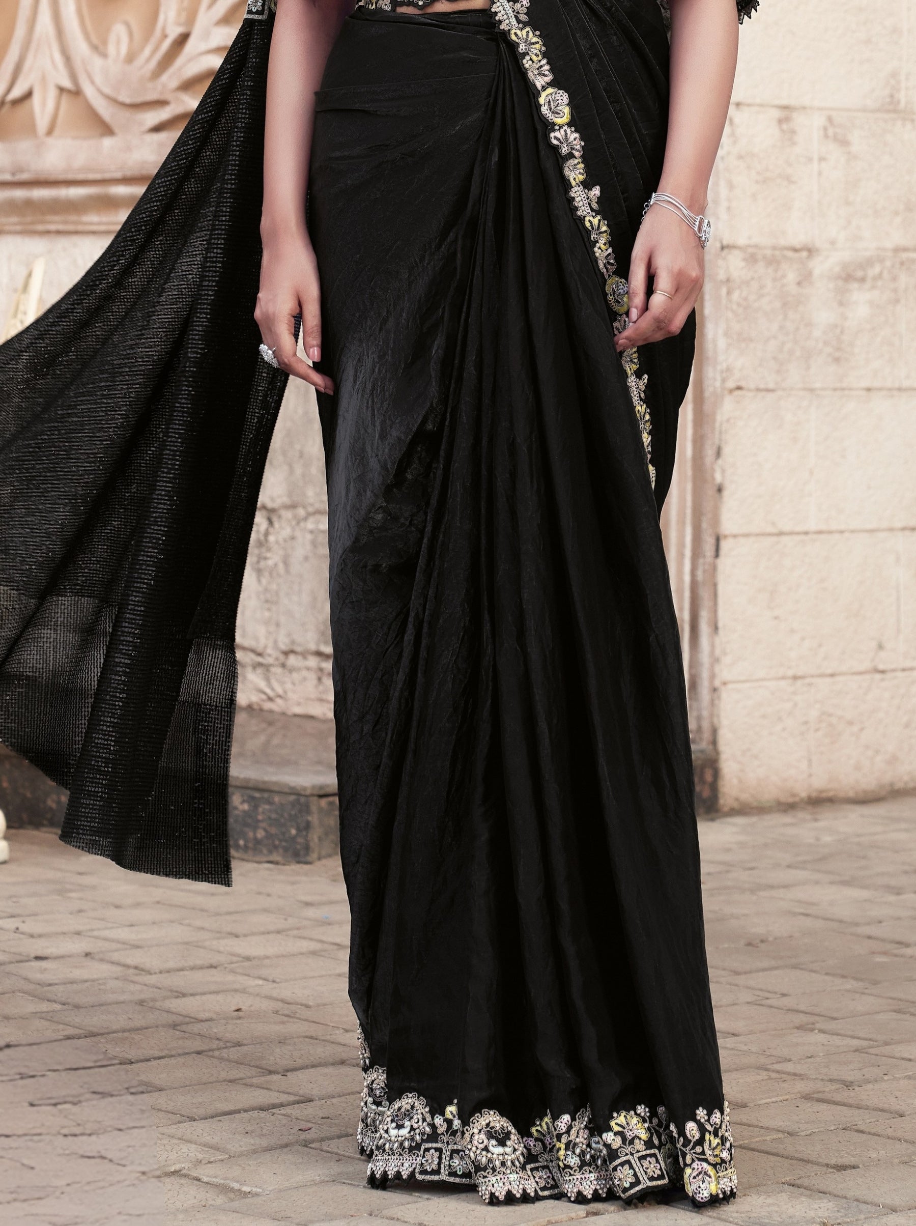 Black Designer Ready To Wear Saree With Stitched Blouse - TrendOye