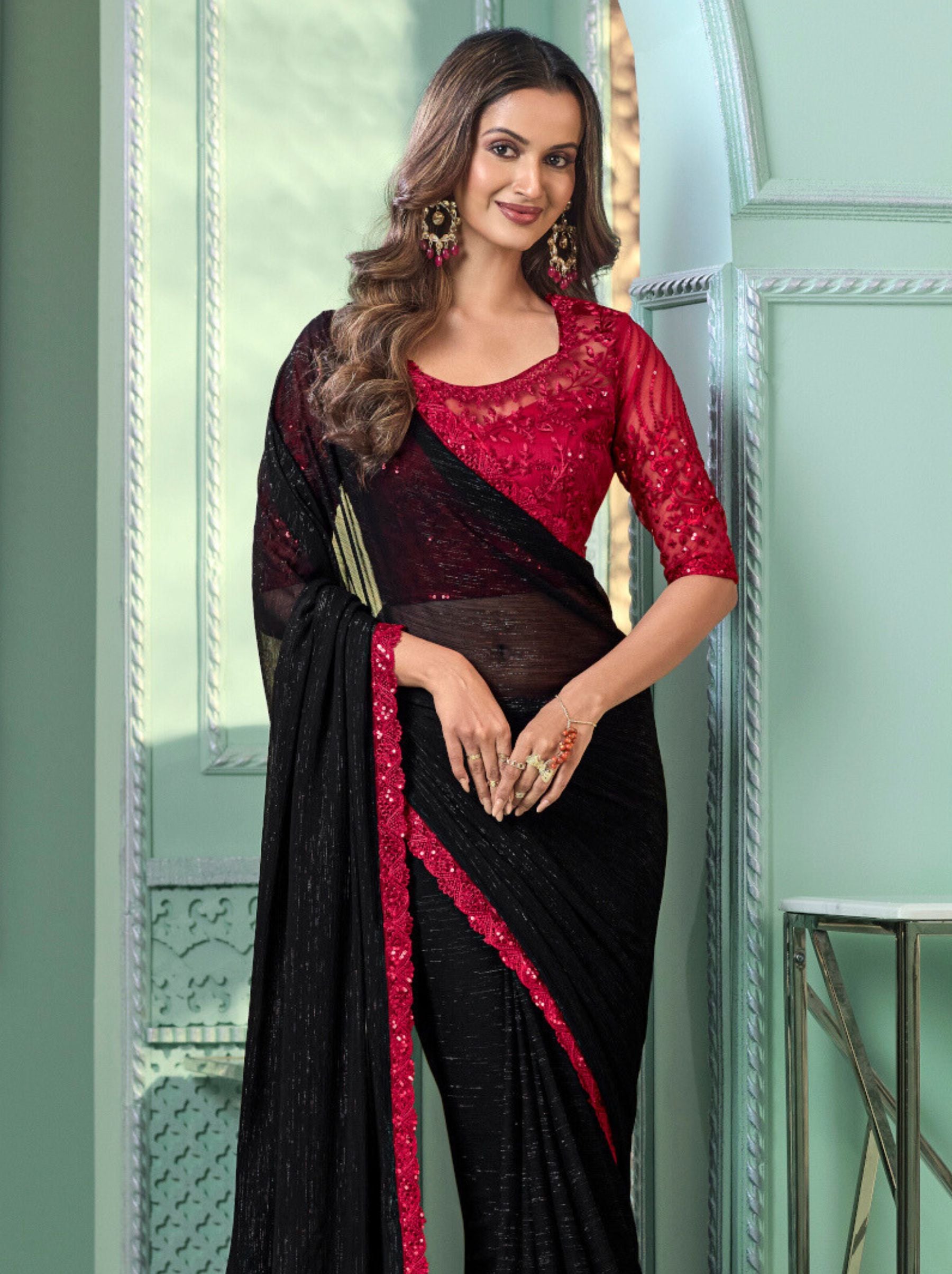 Midnight Black Premium Fancy Fabric Designer Wedding Party Saree - TrendOye