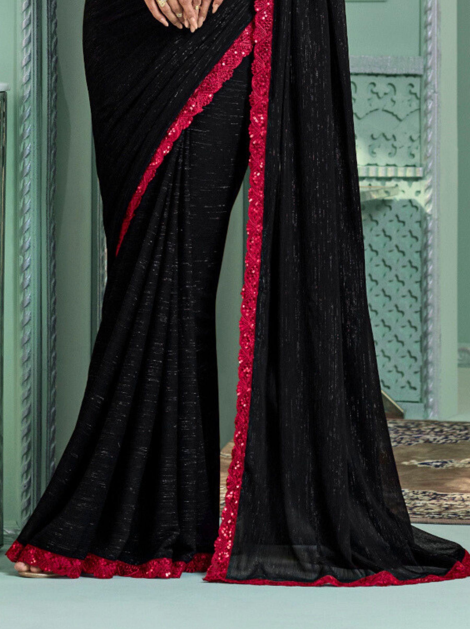 Midnight Black Premium Fancy Fabric Designer Wedding Party Saree - TrendOye