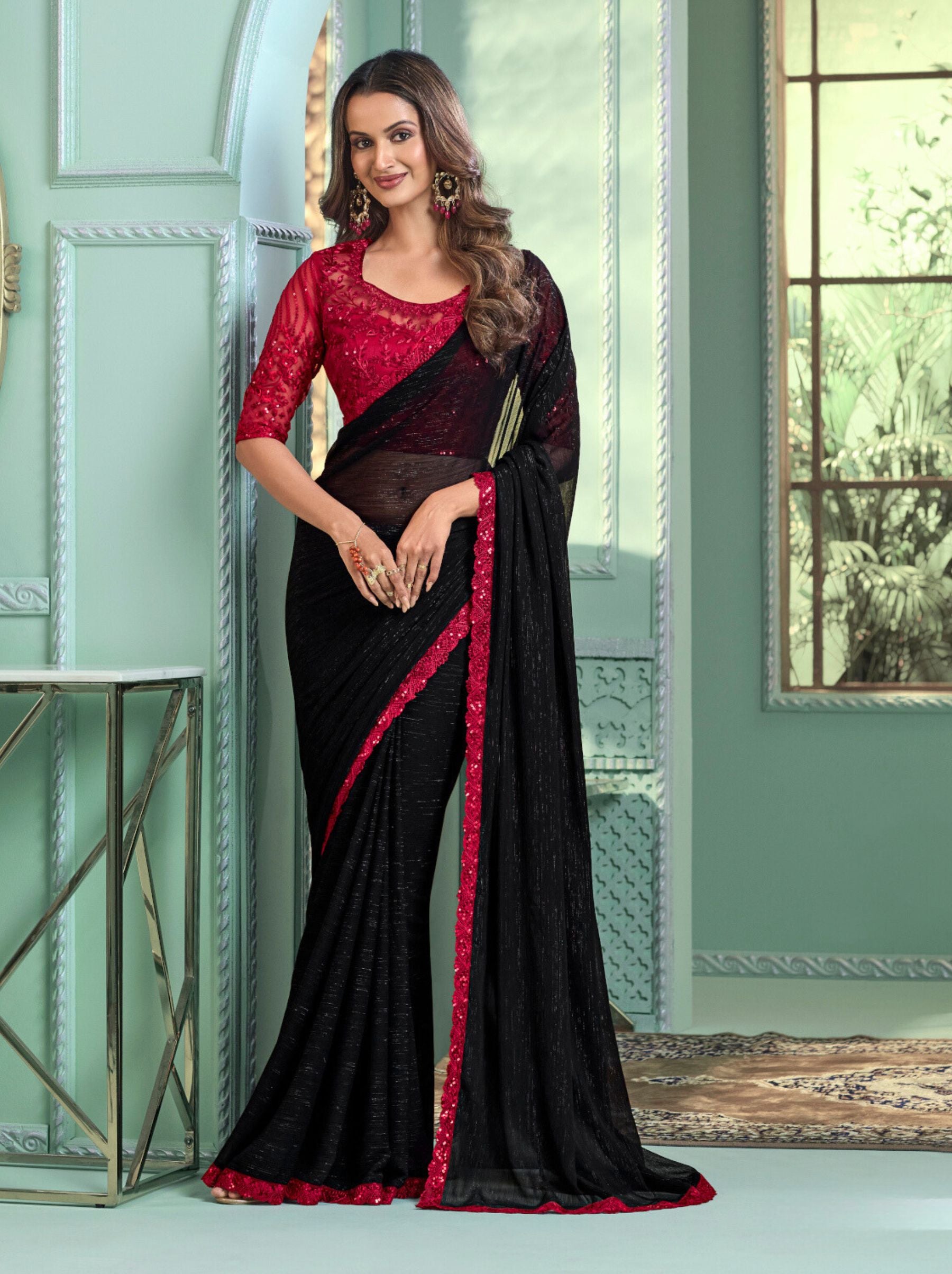 Midnight Black Premium Fancy Fabric Designer Wedding Party Saree - TrendOye