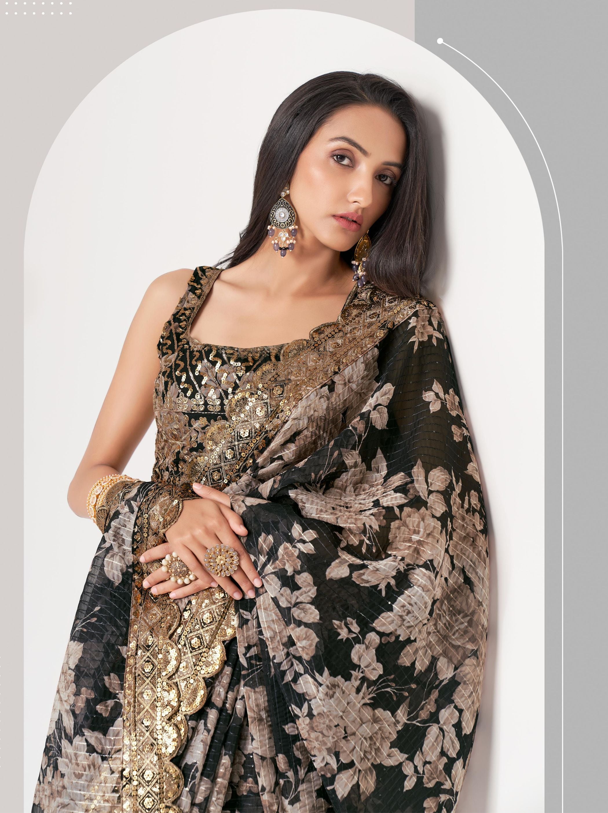 Black Organza Digital Silk Sequin Saree - TrendOye
