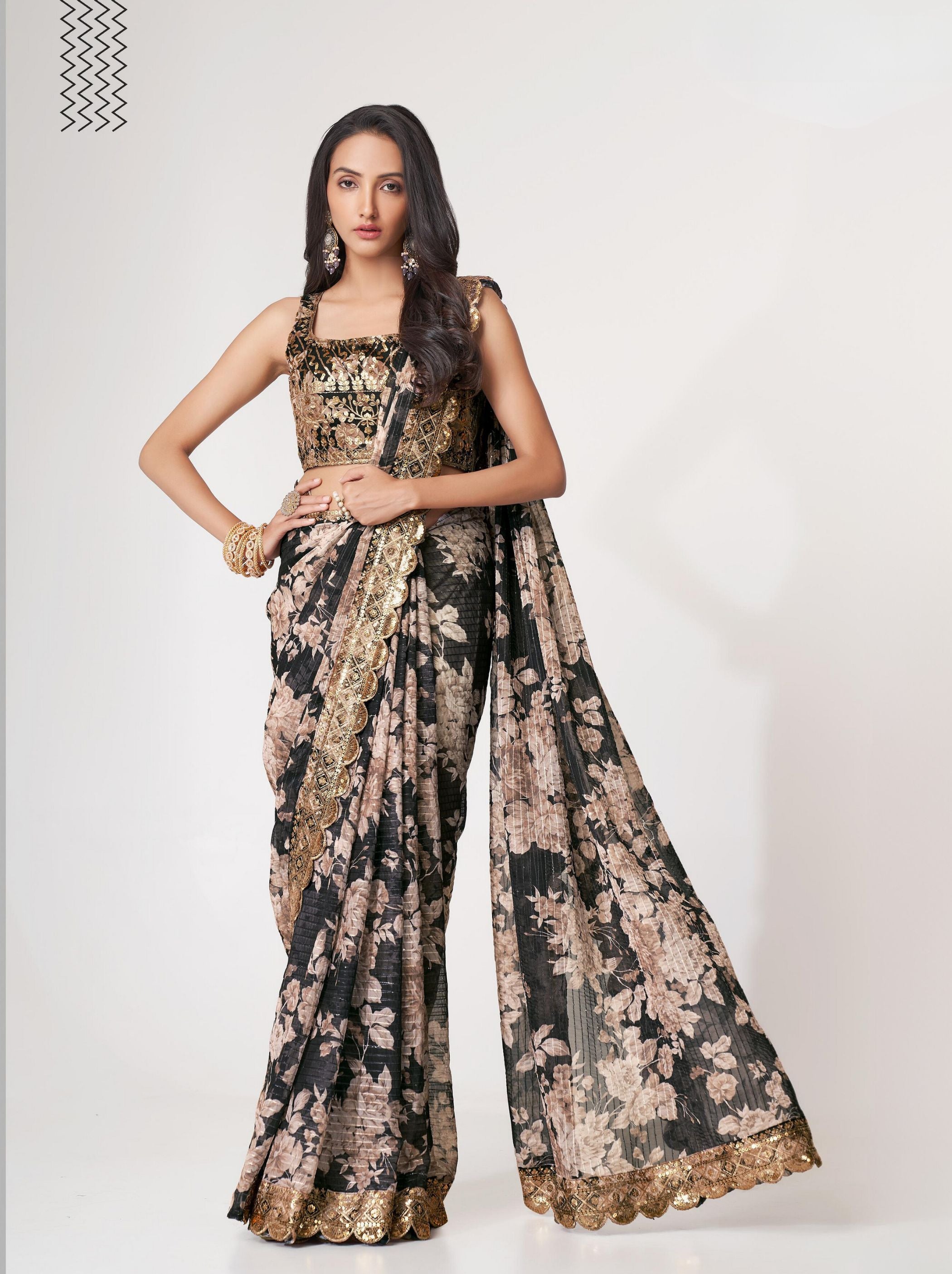 Black Organza Digital Silk Sequin Saree - TrendOye