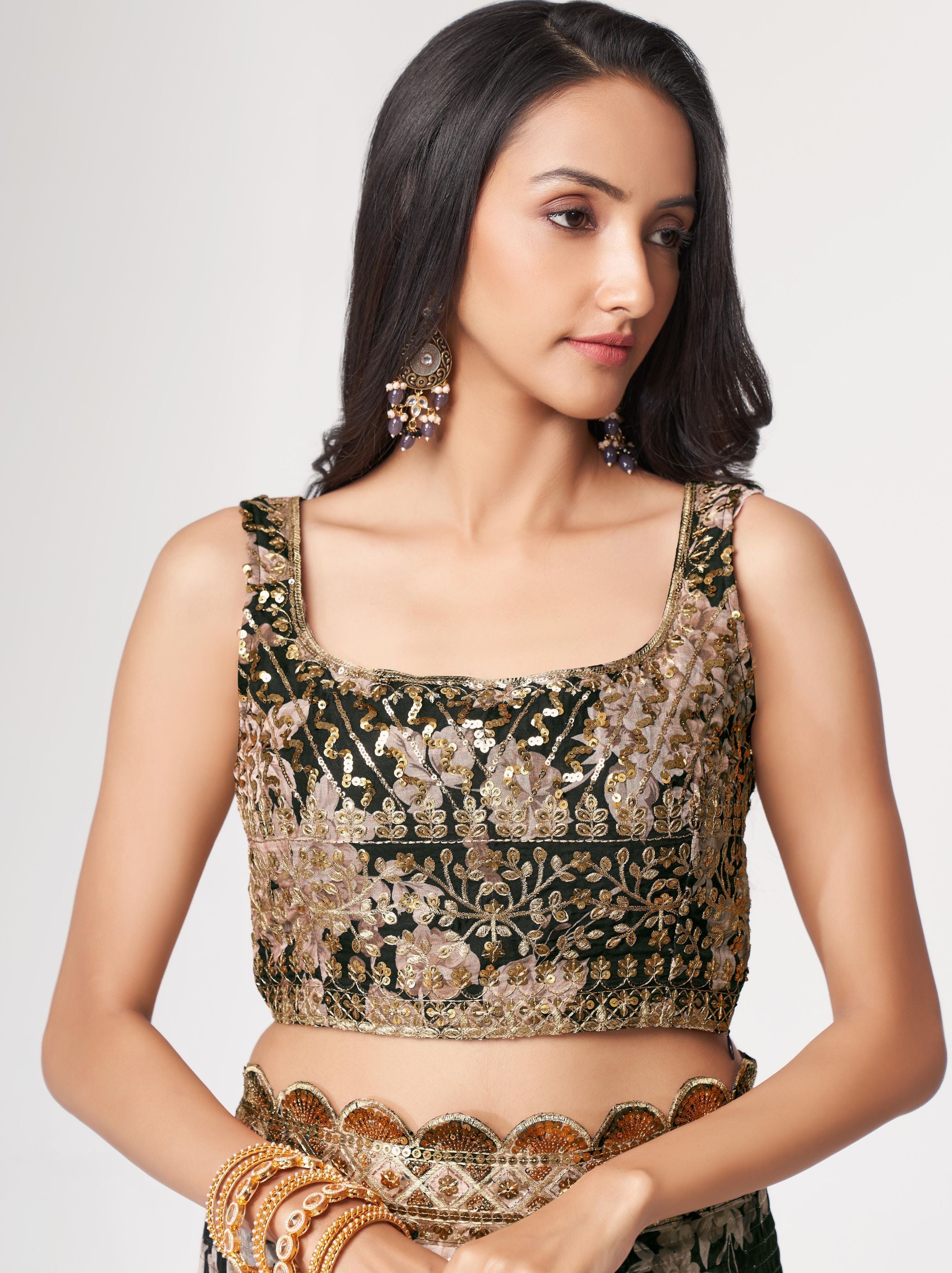 Black Organza Digital Silk Sequin Saree - TrendOye