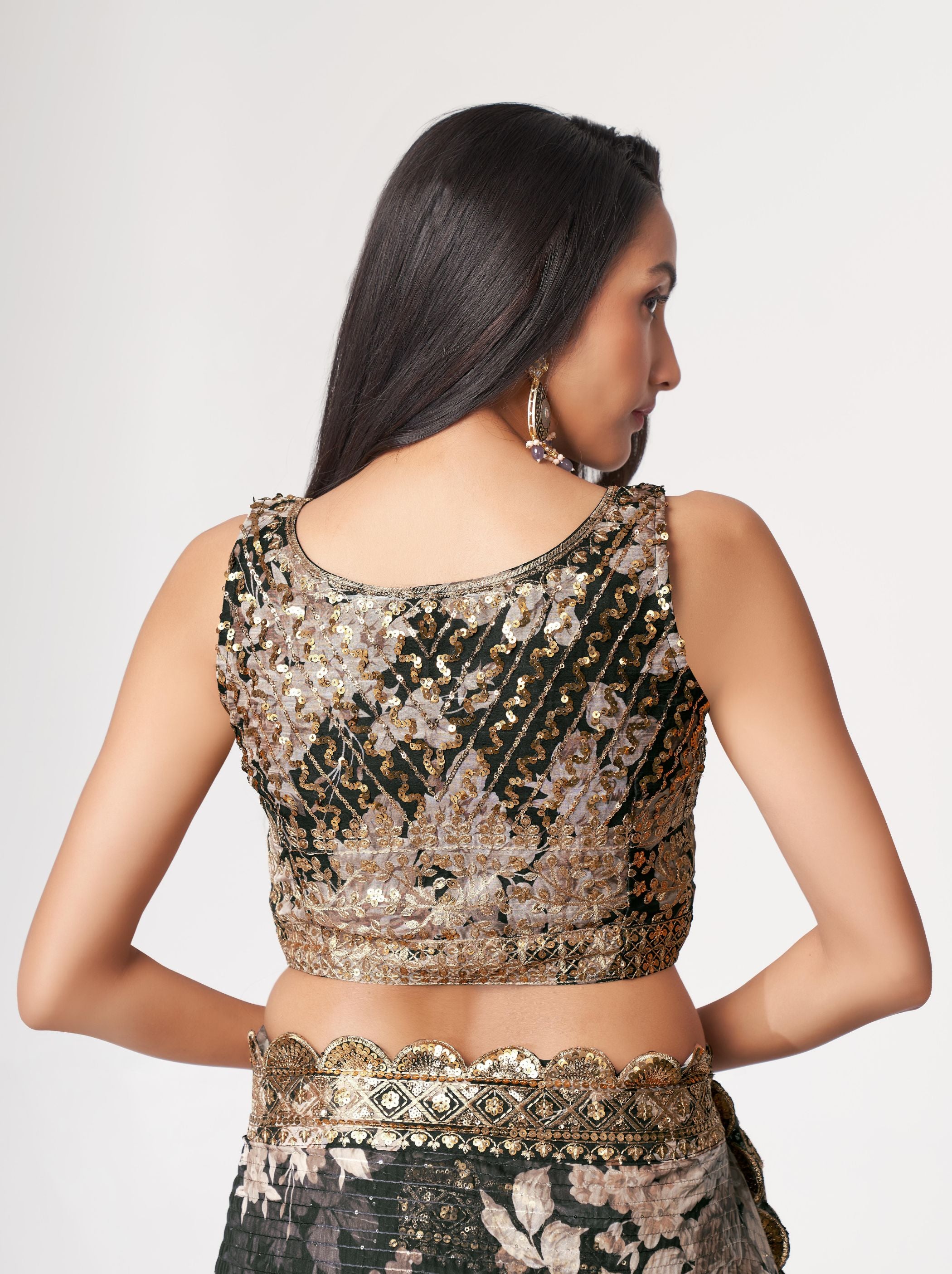 Black Organza Digital Silk Sequin Saree - TrendOye