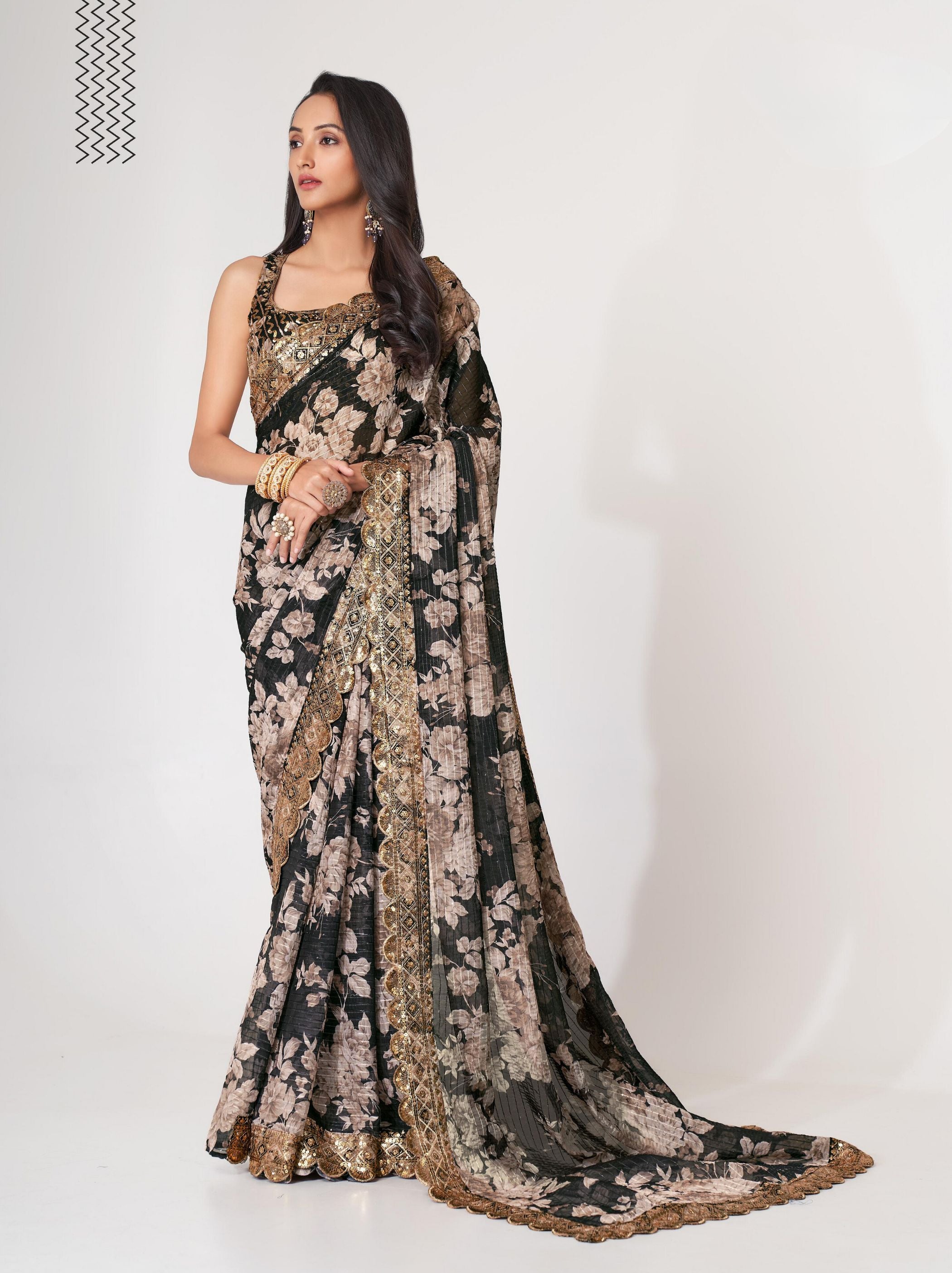 Black Organza Digital Silk Sequin Saree - TrendOye