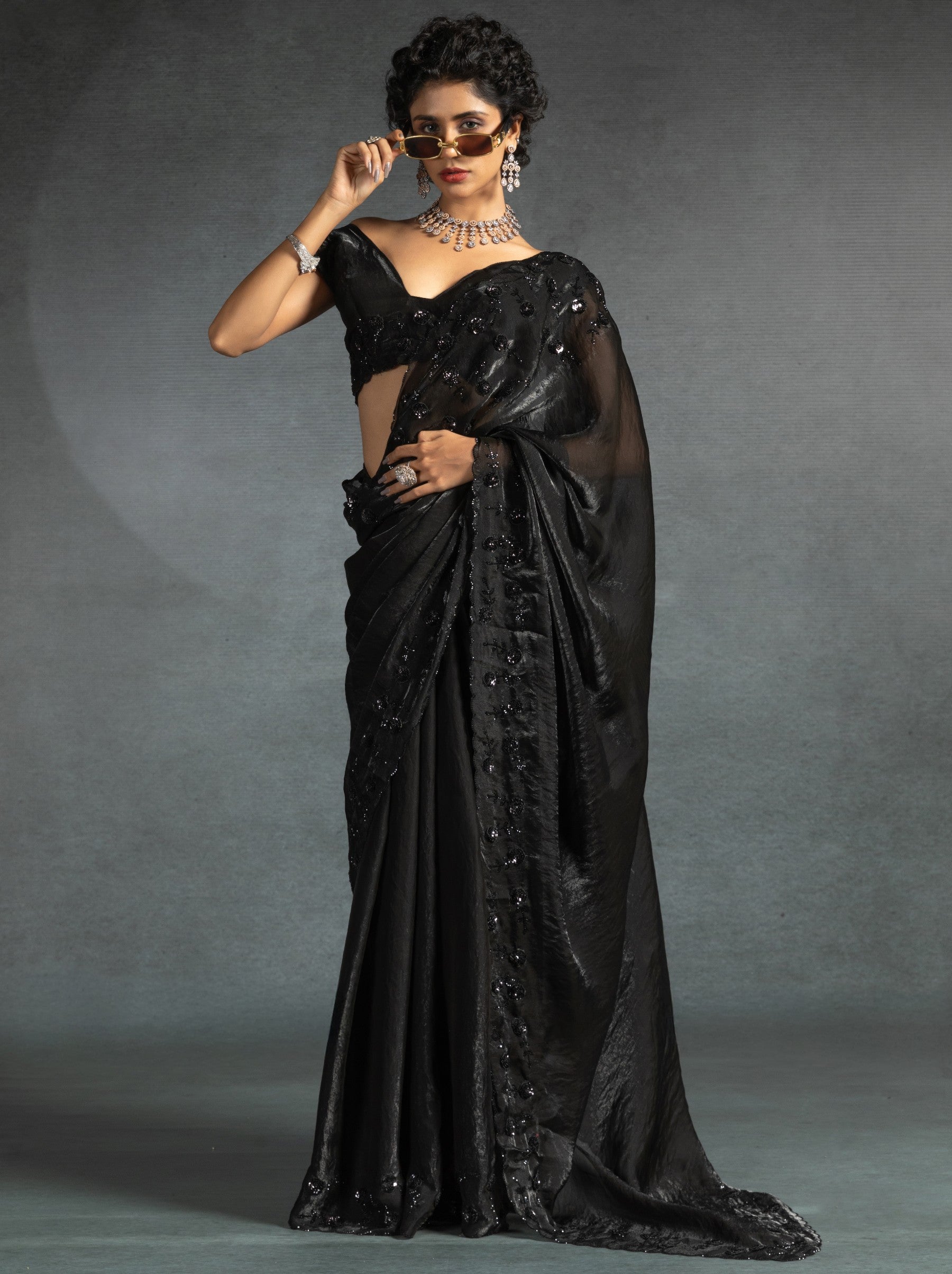 Black Satin Silk Designer Party Saree With Blouse Piece - TrendOye
