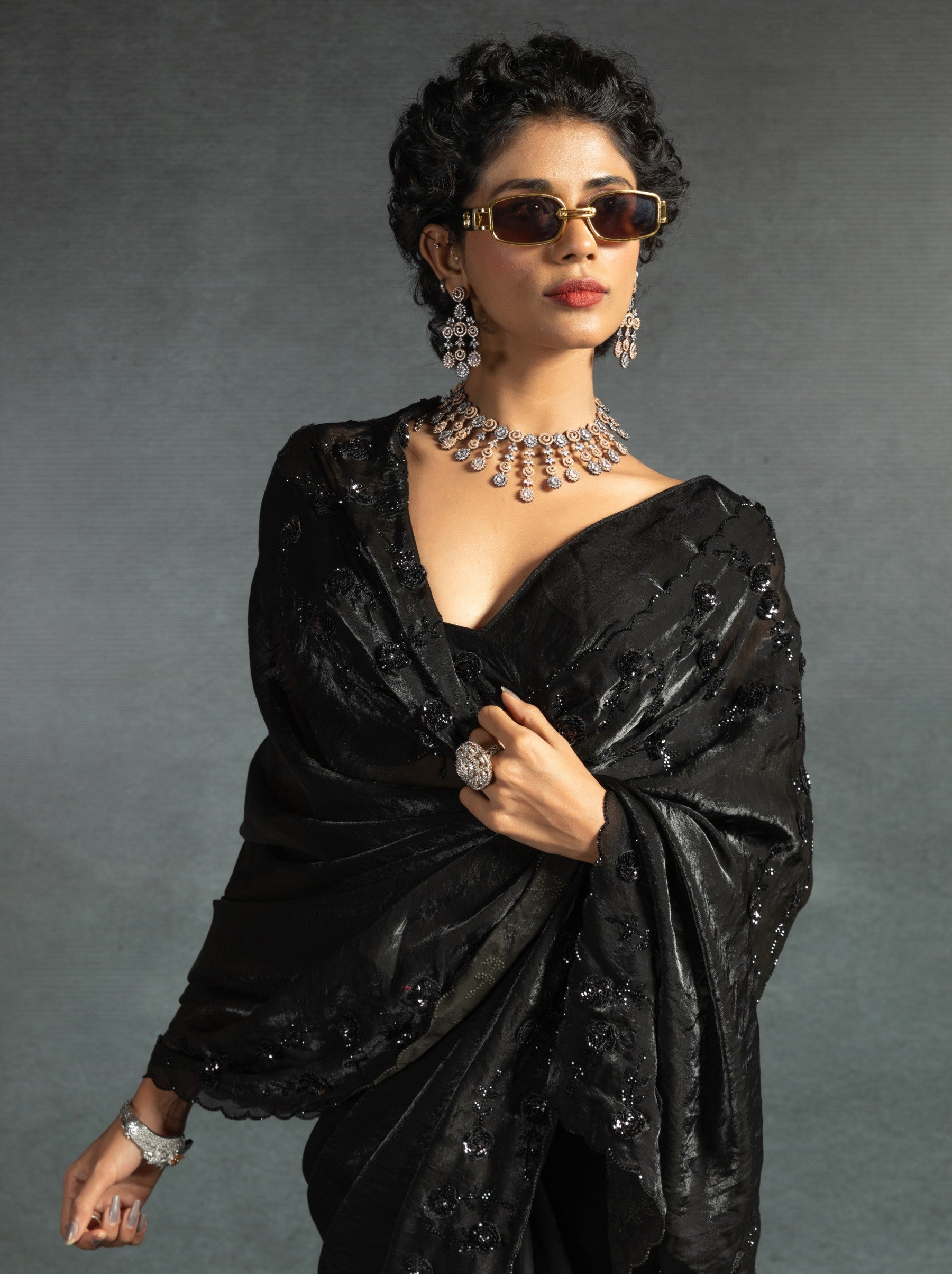 Black Satin Silk Designer Party Saree With Blouse Piece - TrendOye