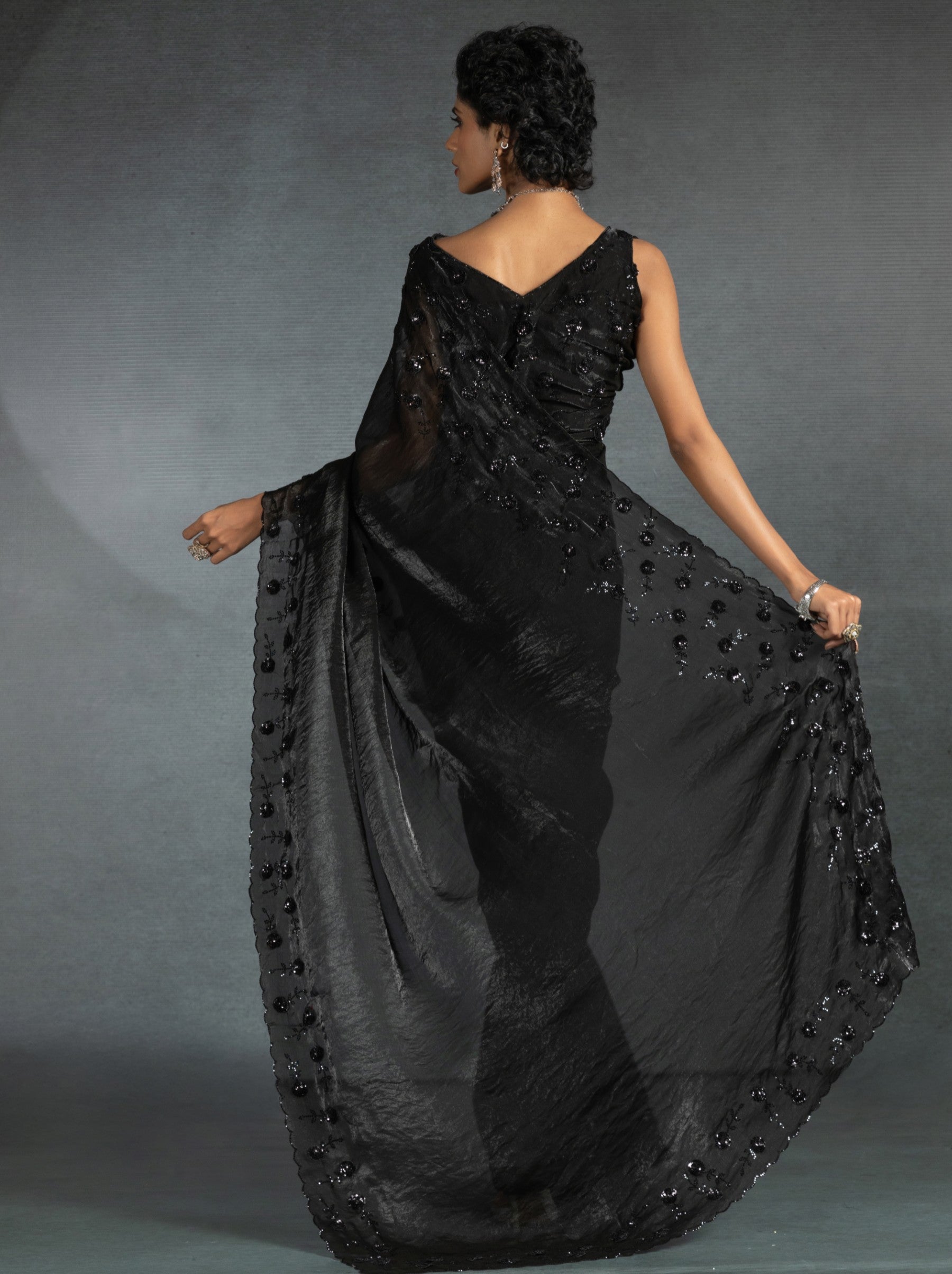 Black Satin Silk Designer Party Saree With Blouse Piece - TrendOye