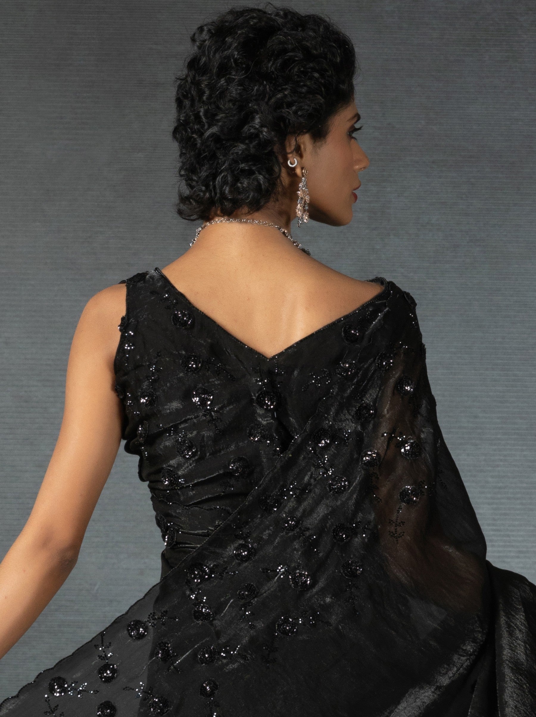 Black Satin Silk Designer Party Saree With Blouse Piece - TrendOye