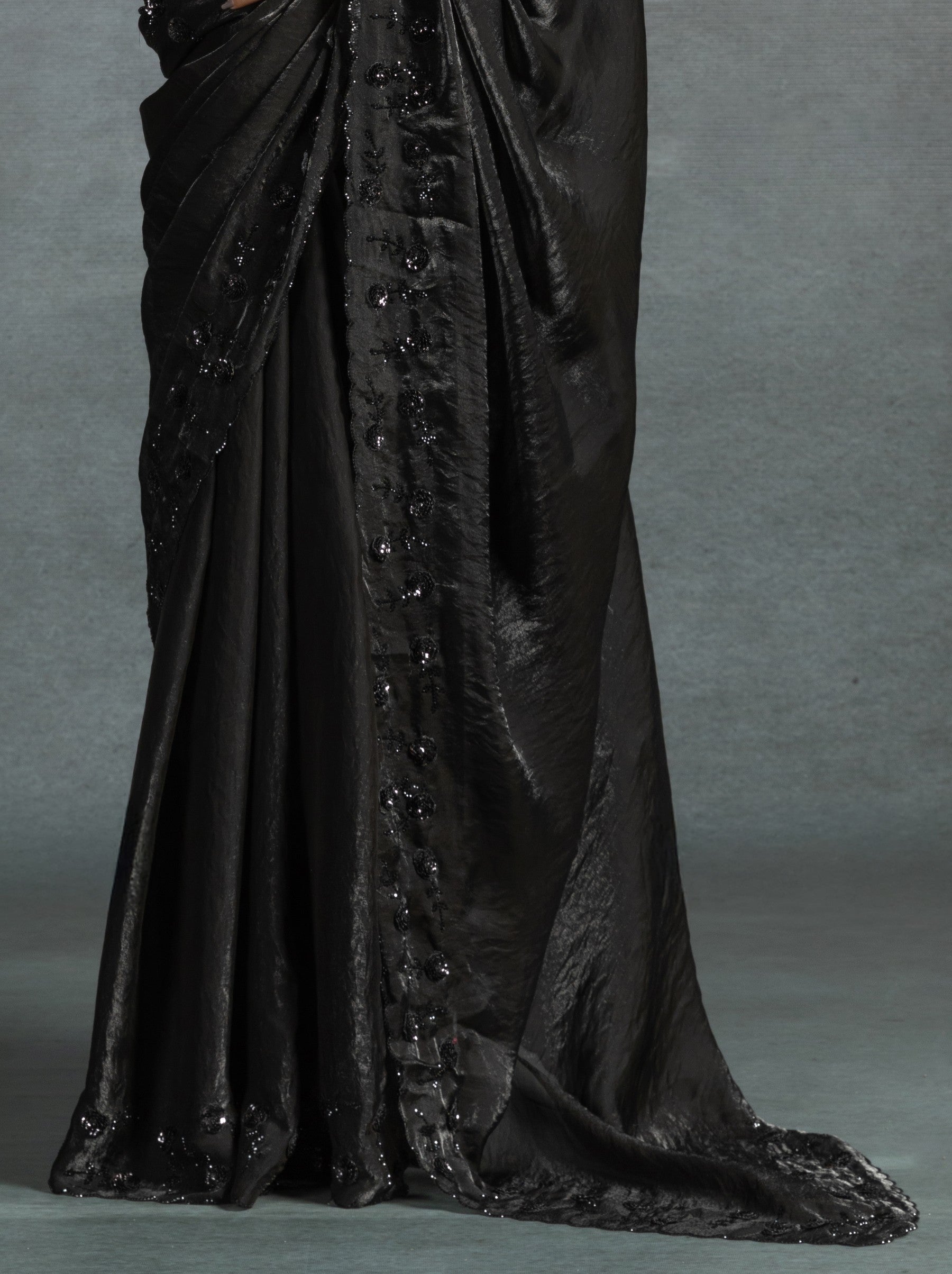 Black Satin Silk Designer Party Saree With Blouse Piece - TrendOye