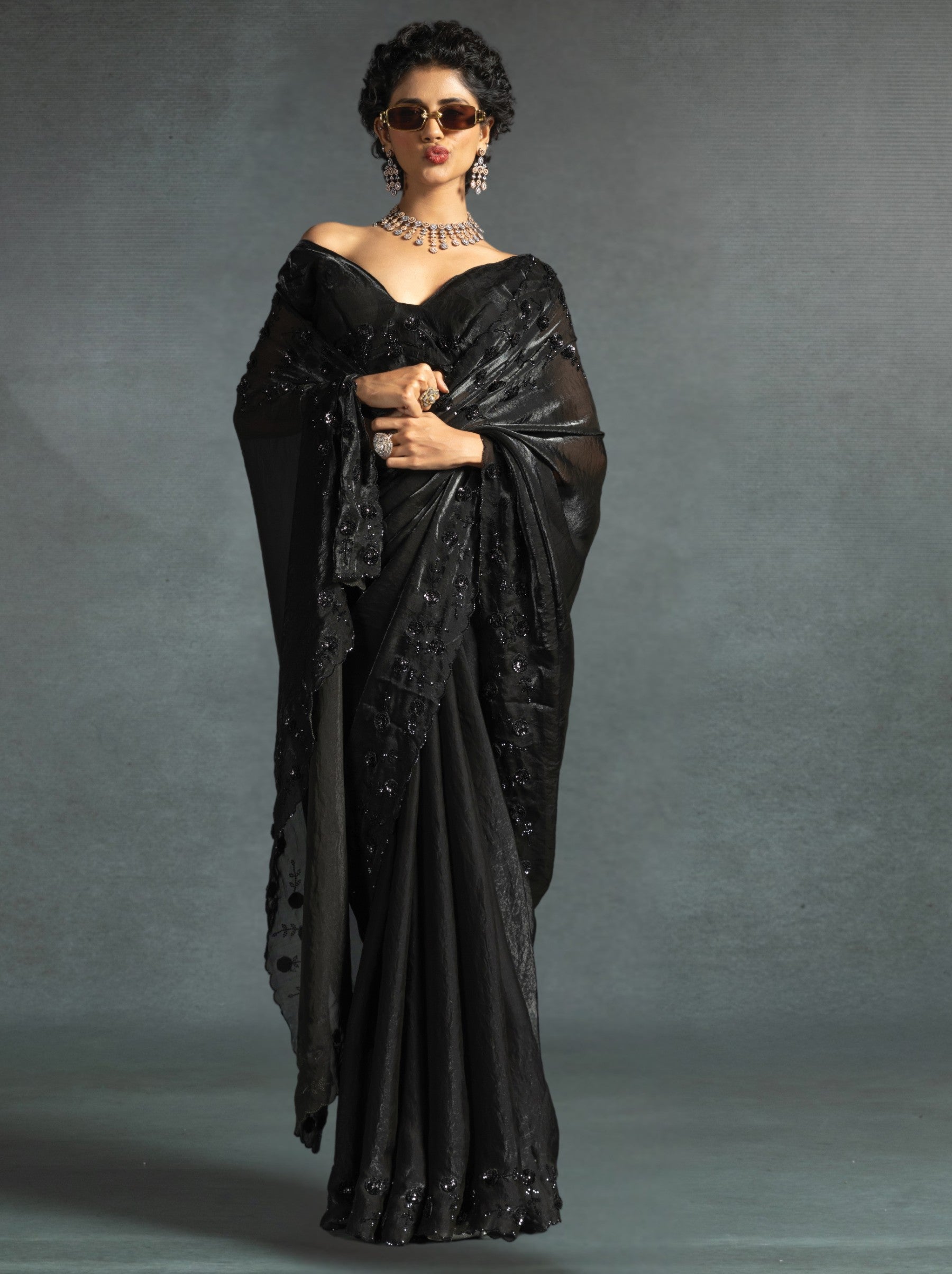 Black Satin Silk Designer Party Saree With Blouse Piece - TrendOye