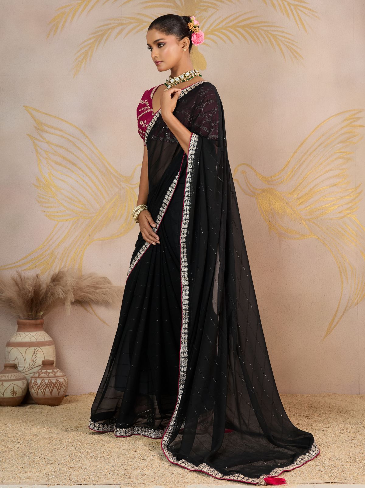 Black Georgette Silk Party Saree with Zari & Sequin Border