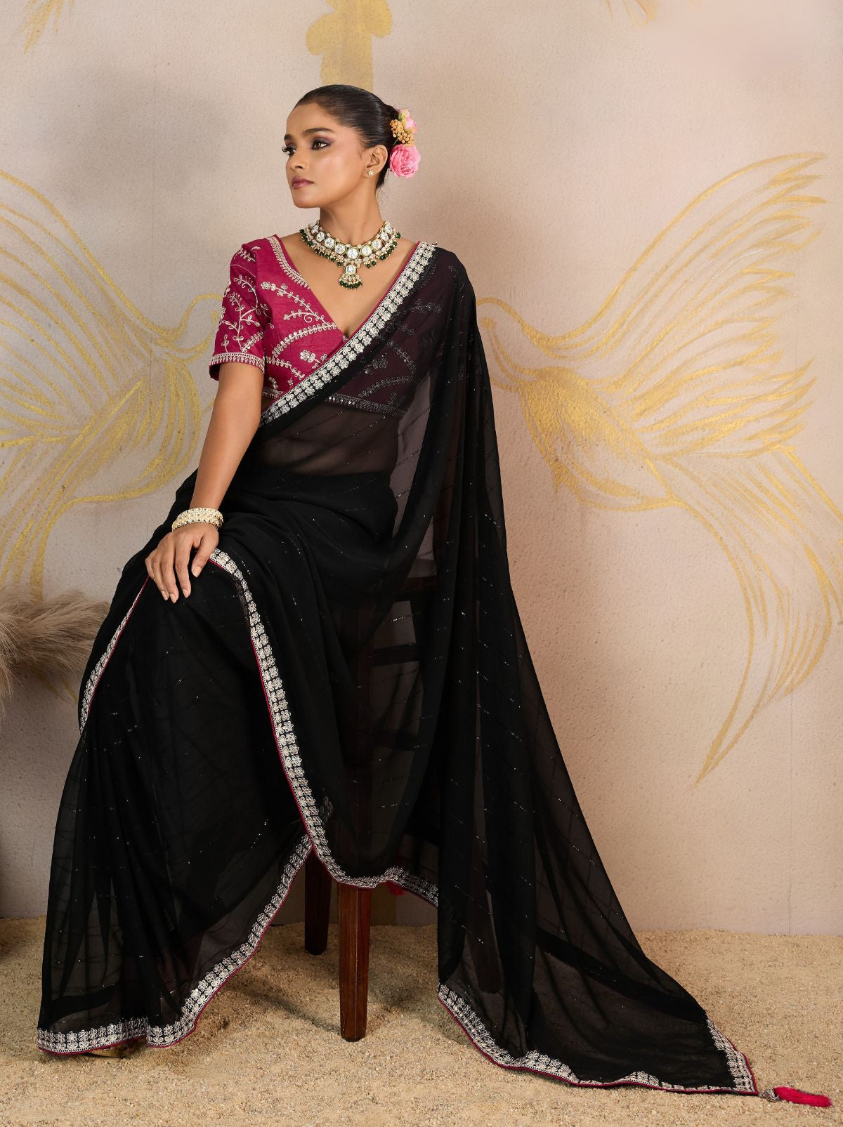 Black Georgette Silk Party Saree with Zari & Sequin Border