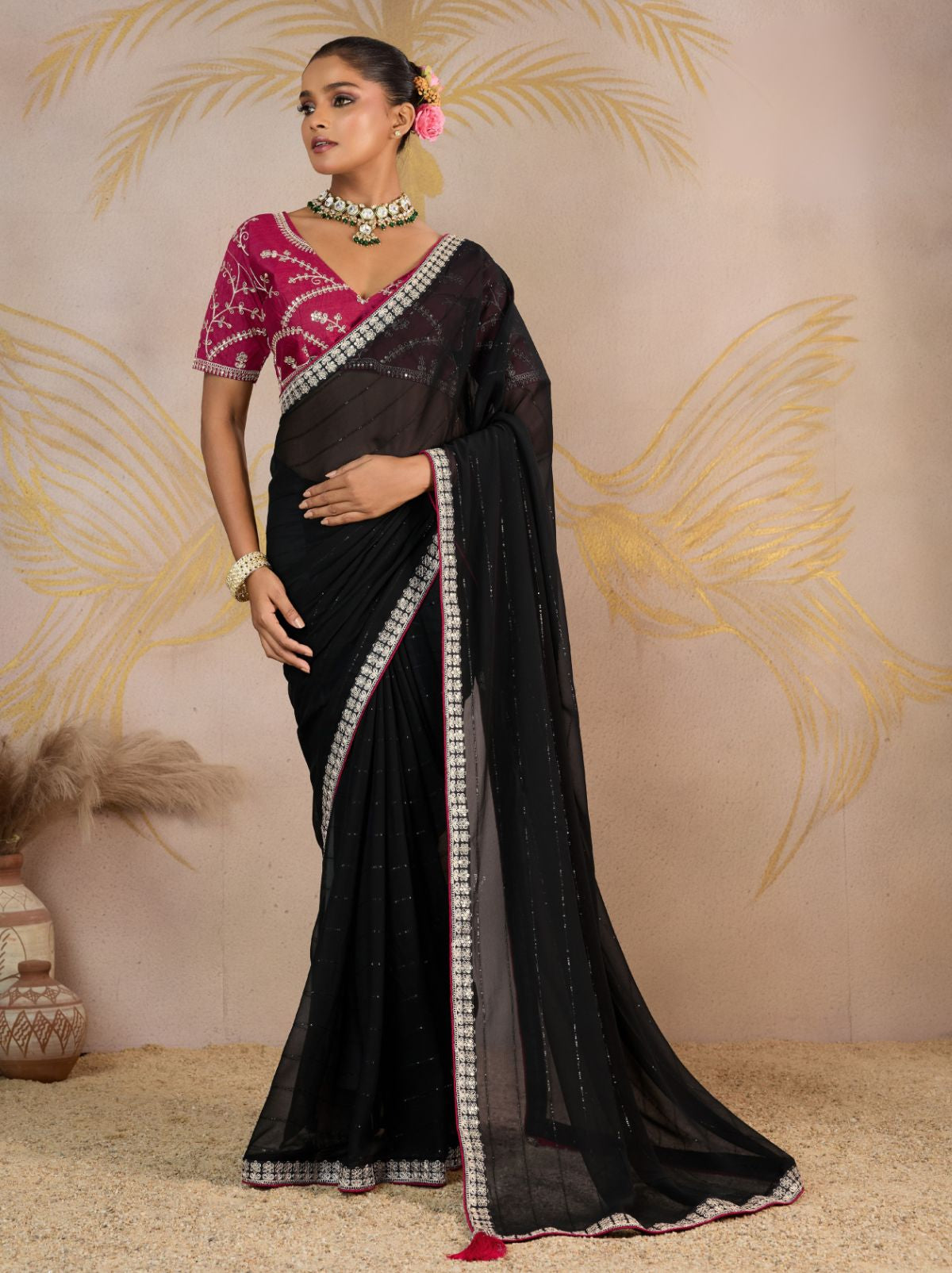 Black Georgette Silk Party Saree with Zari & Sequin Border