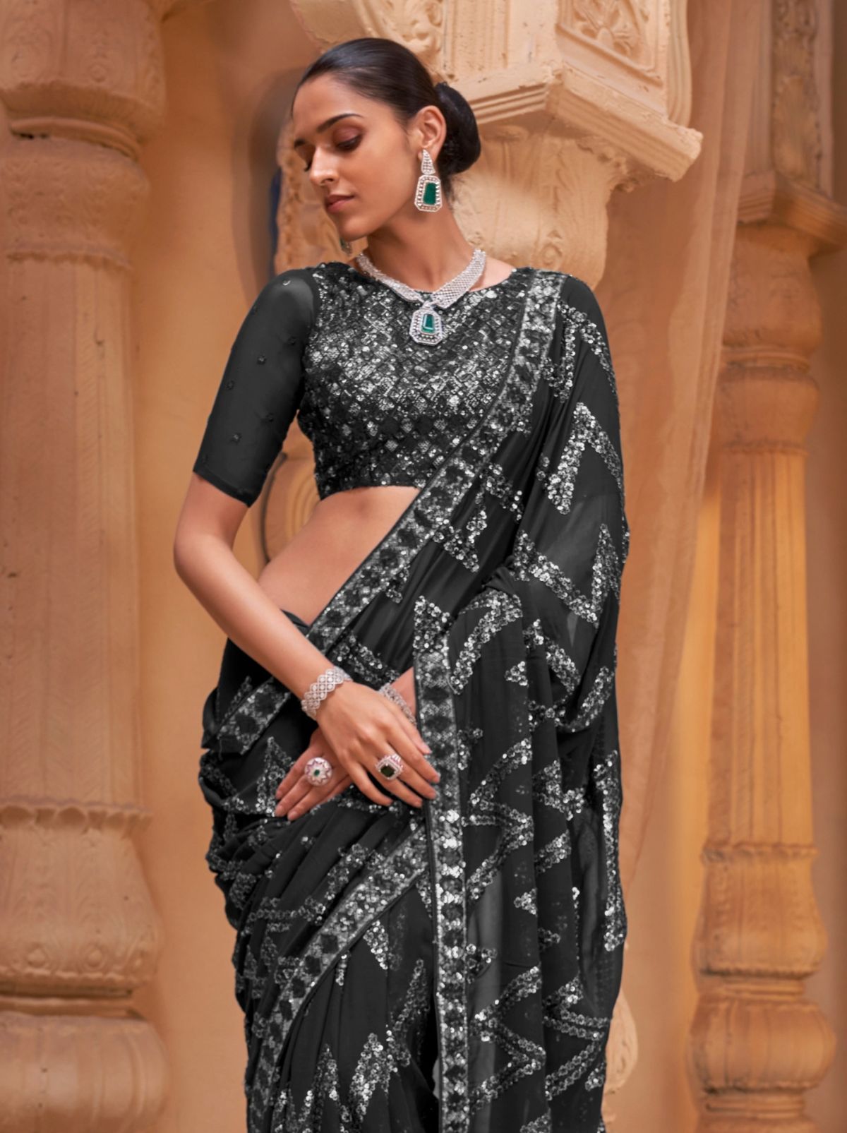 Black Luxury Georgette Silk Saree With Sequin & Thread Work