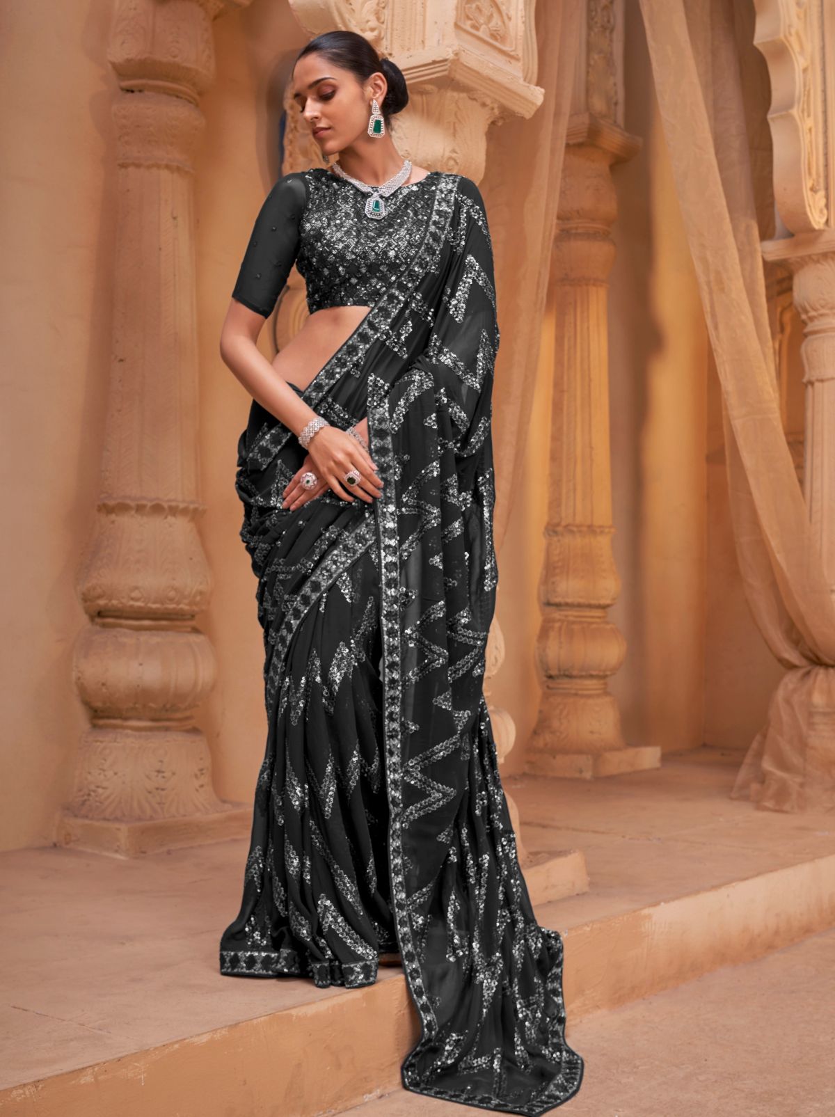 Black Luxury Georgette Silk Saree With Sequin & Thread Work