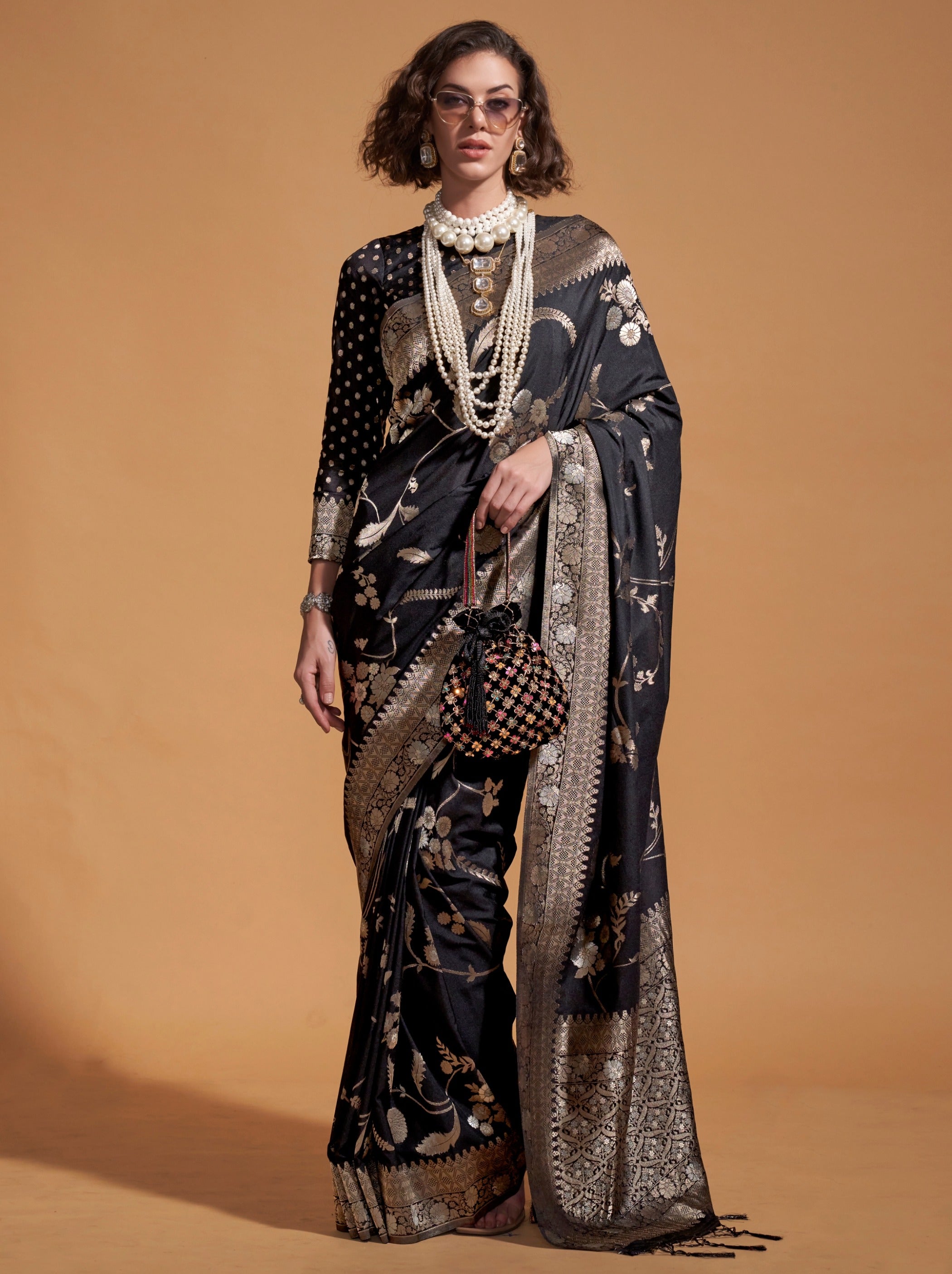 Black Premium Georgette Saree With Unstitched Blouse