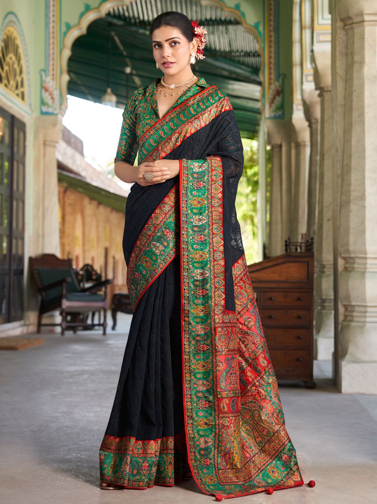 Black Premium Georgette Saree With Lucknowi Chikan Work