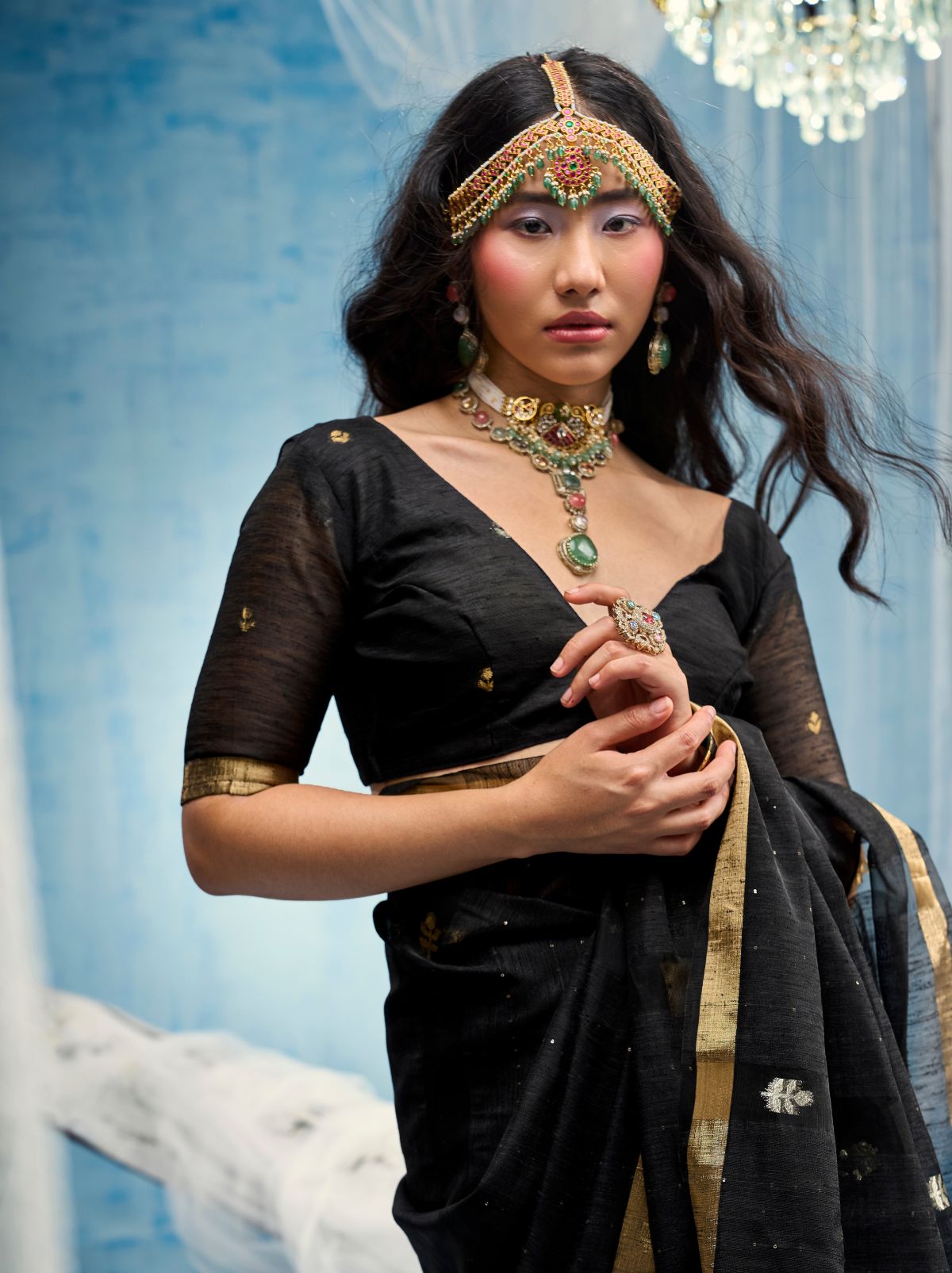 Black Premium Munga Silk Ethnic Saree With Tassels