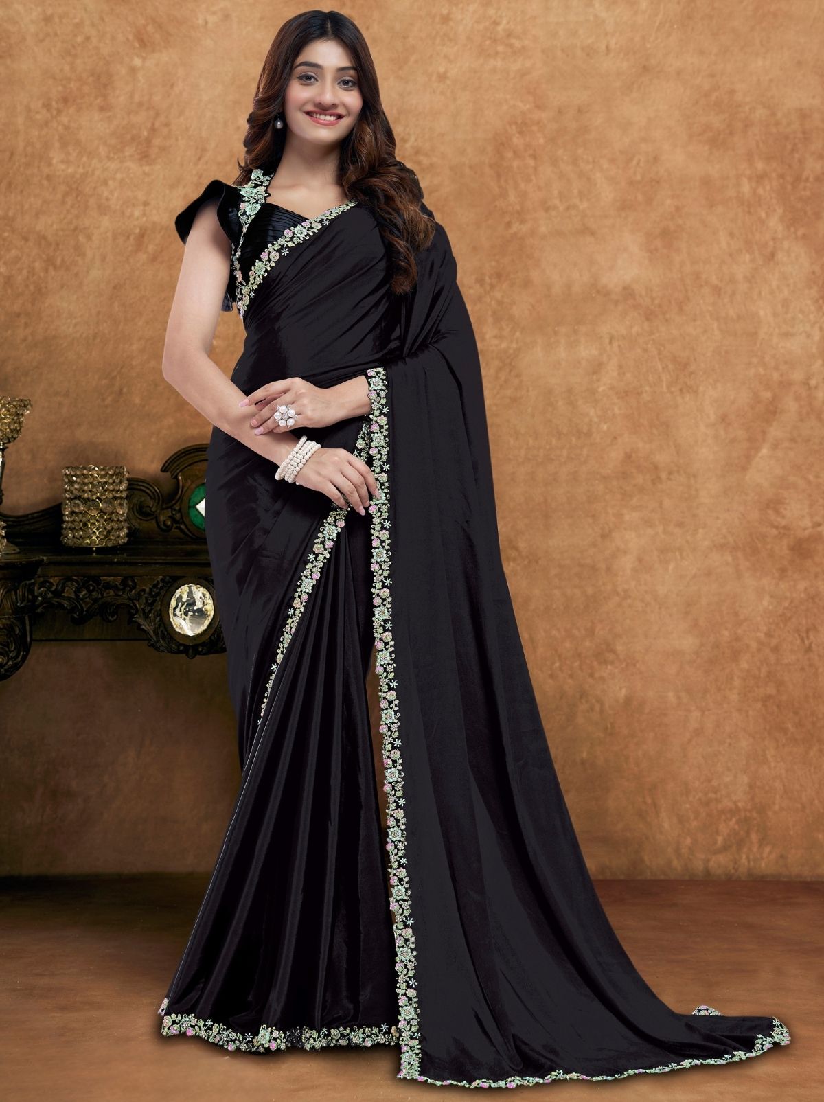 Black Premium Reception Wear Saree With Unstitched Blouse