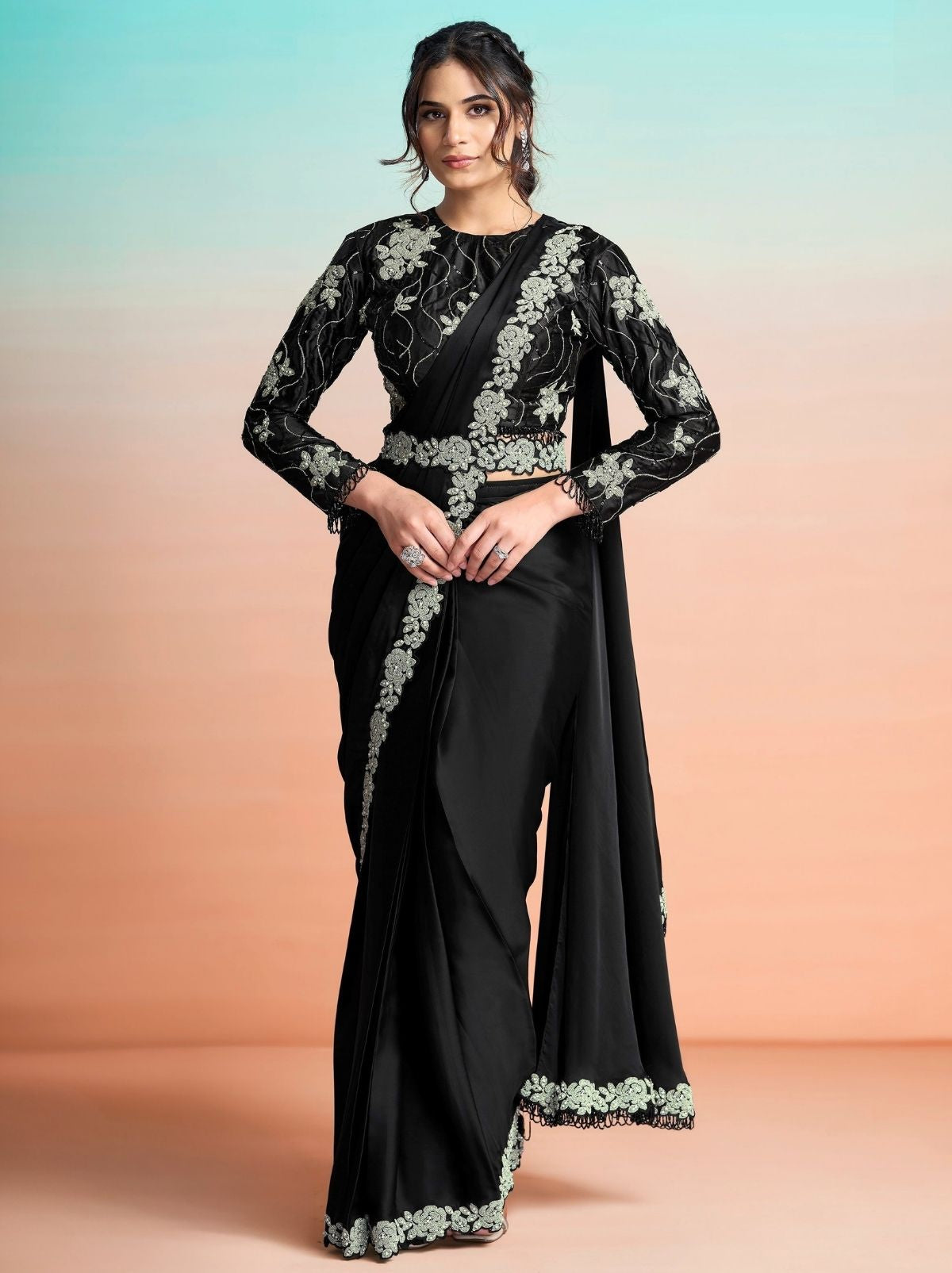 Black Premium Satin Silk Ready to Wear Saree with Belt