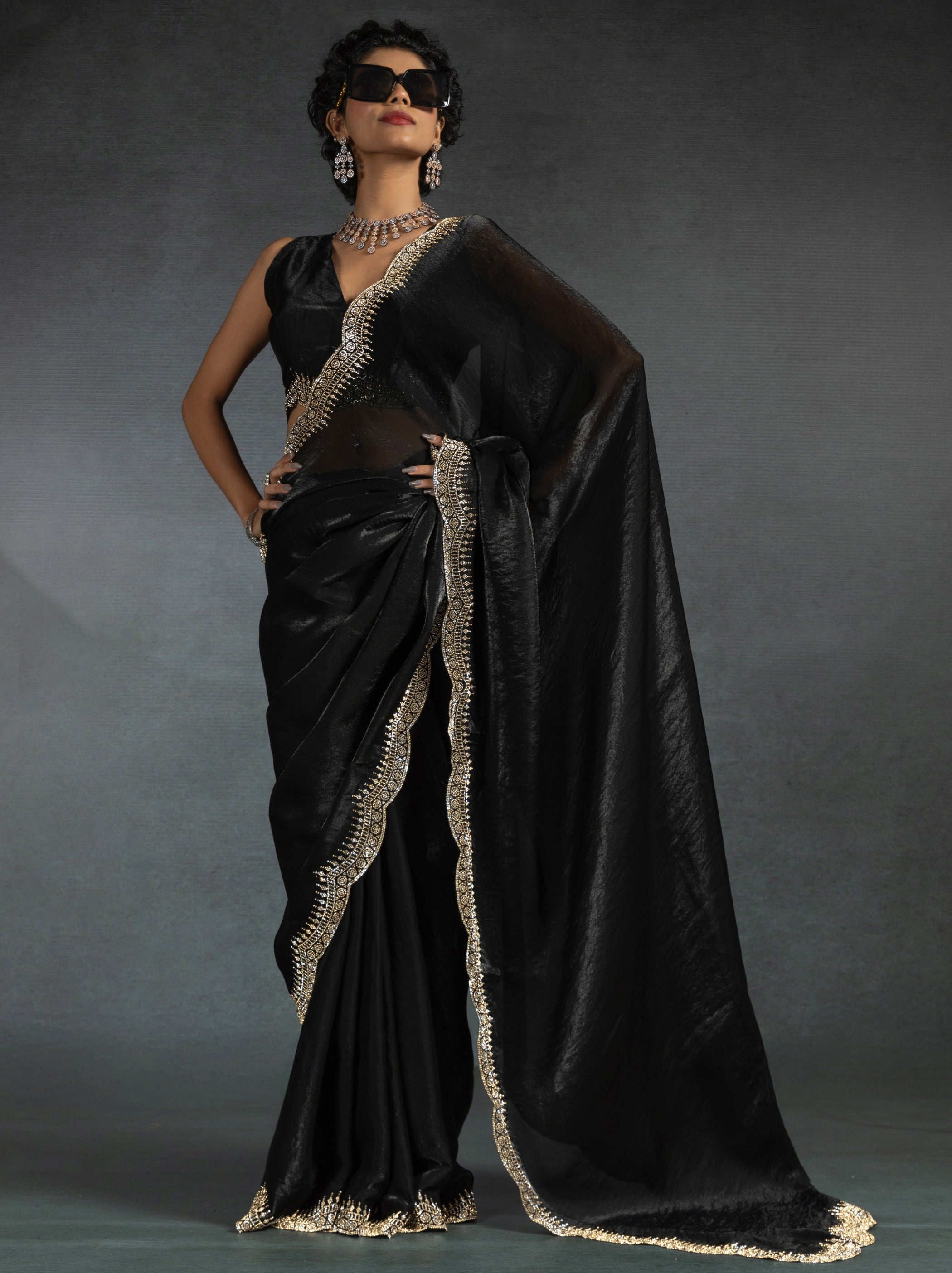 Black Satin Silk Party Saree Embellished With Zircon Handwork On Border