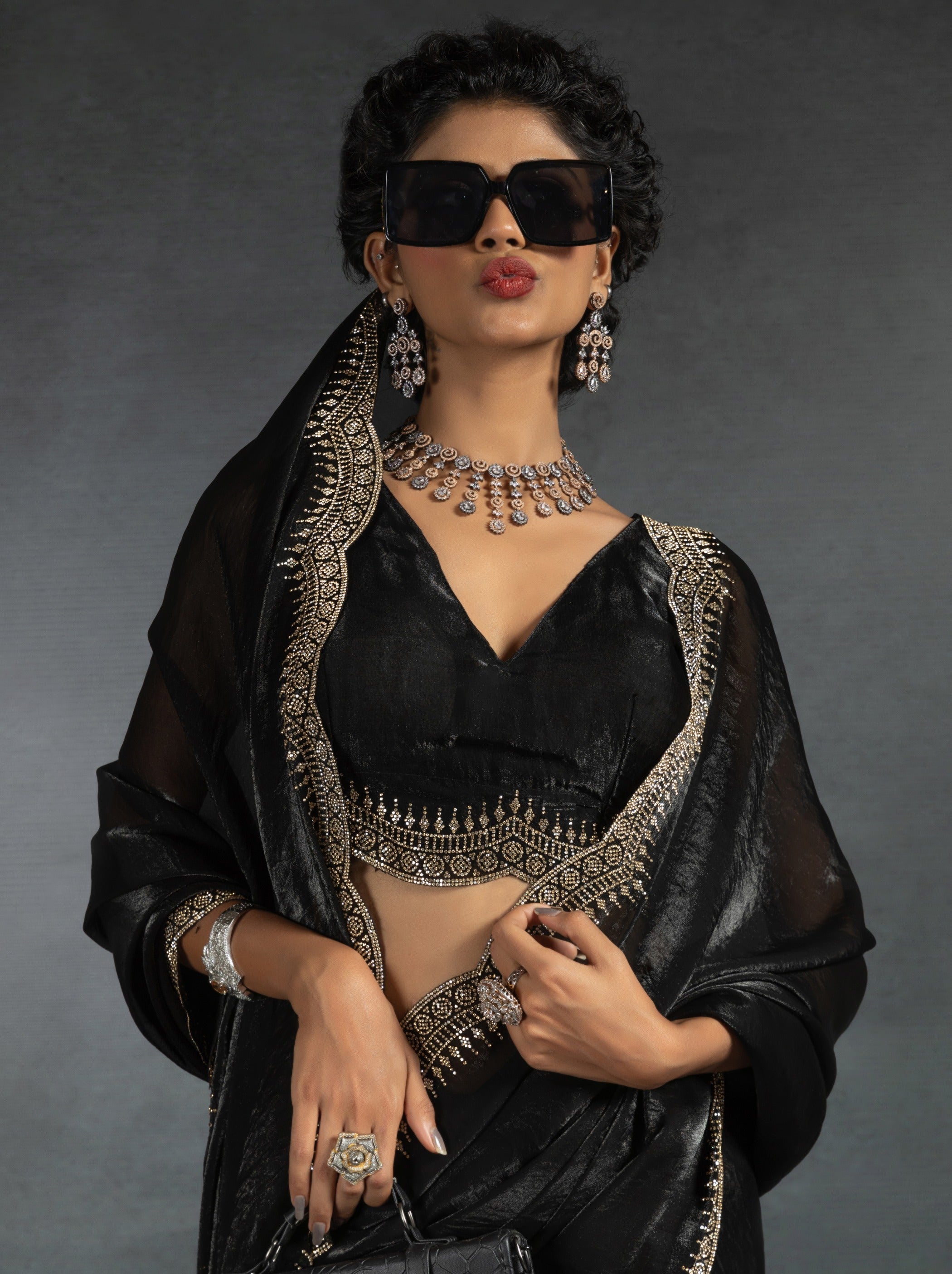 Black Satin Silk Party Saree Embellished With Zircon Handwork On Border