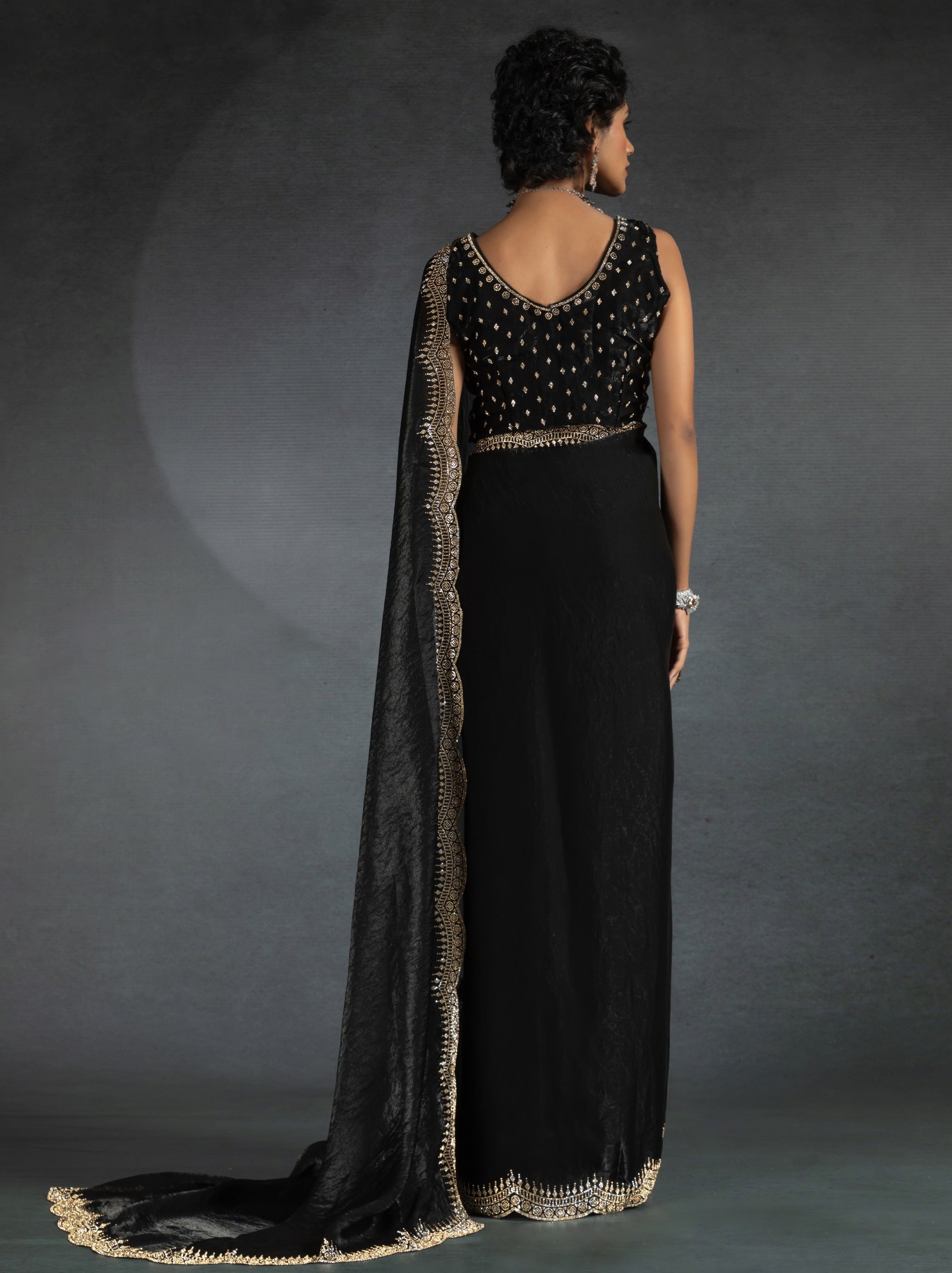 Black Satin Silk Party Saree Embellished With Zircon Handwork On Border