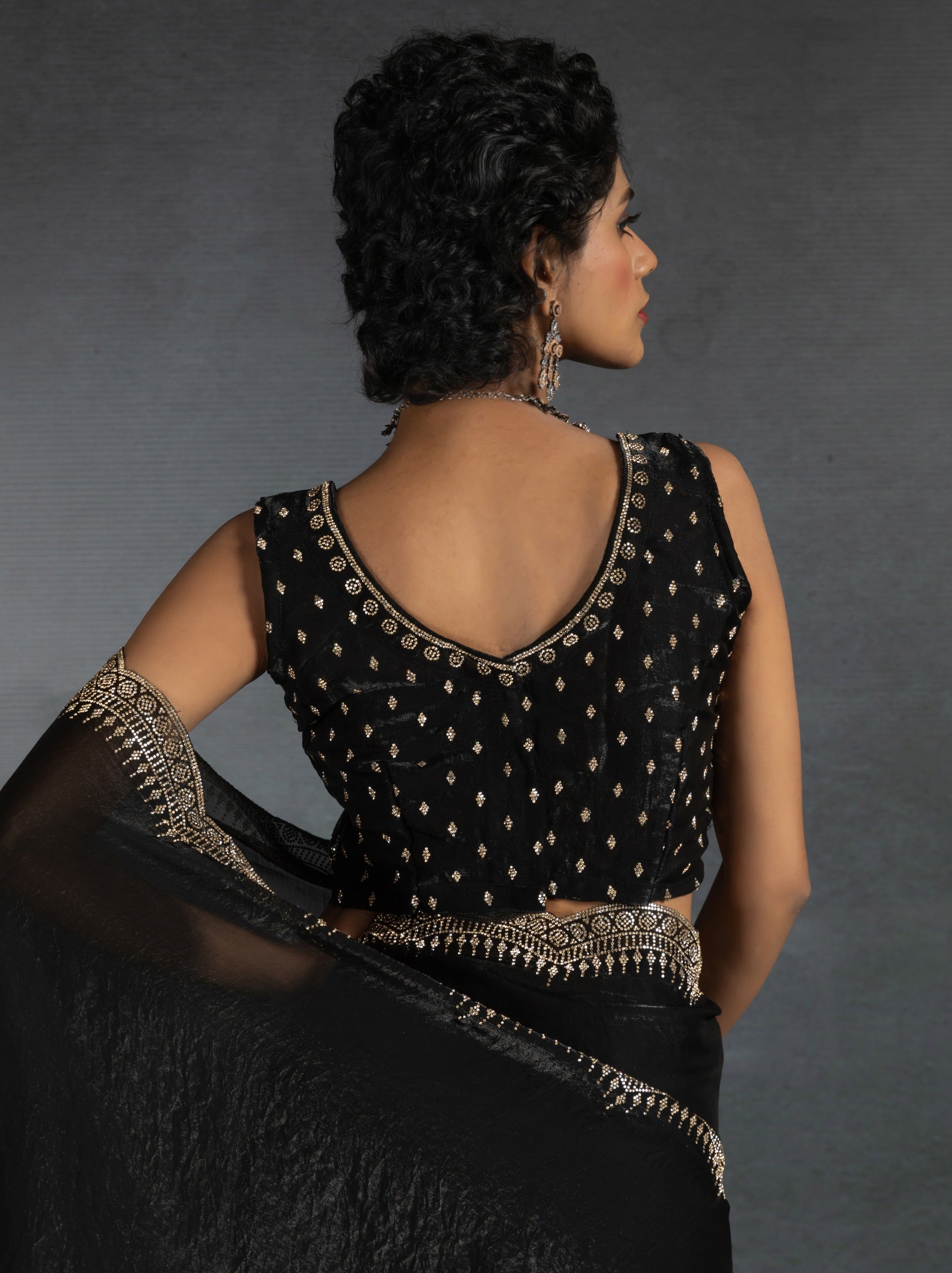 Black Satin Silk Party Saree Embellished With Zircon Handwork On Border