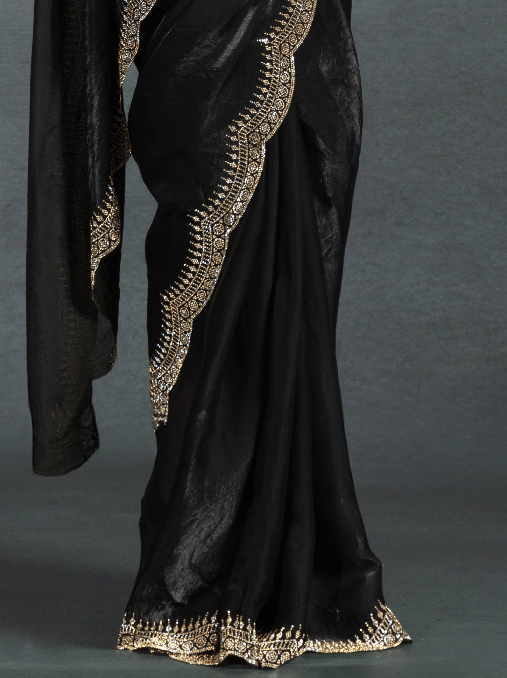 Black Satin Silk Party Saree Embellished With Zircon Handwork On Border