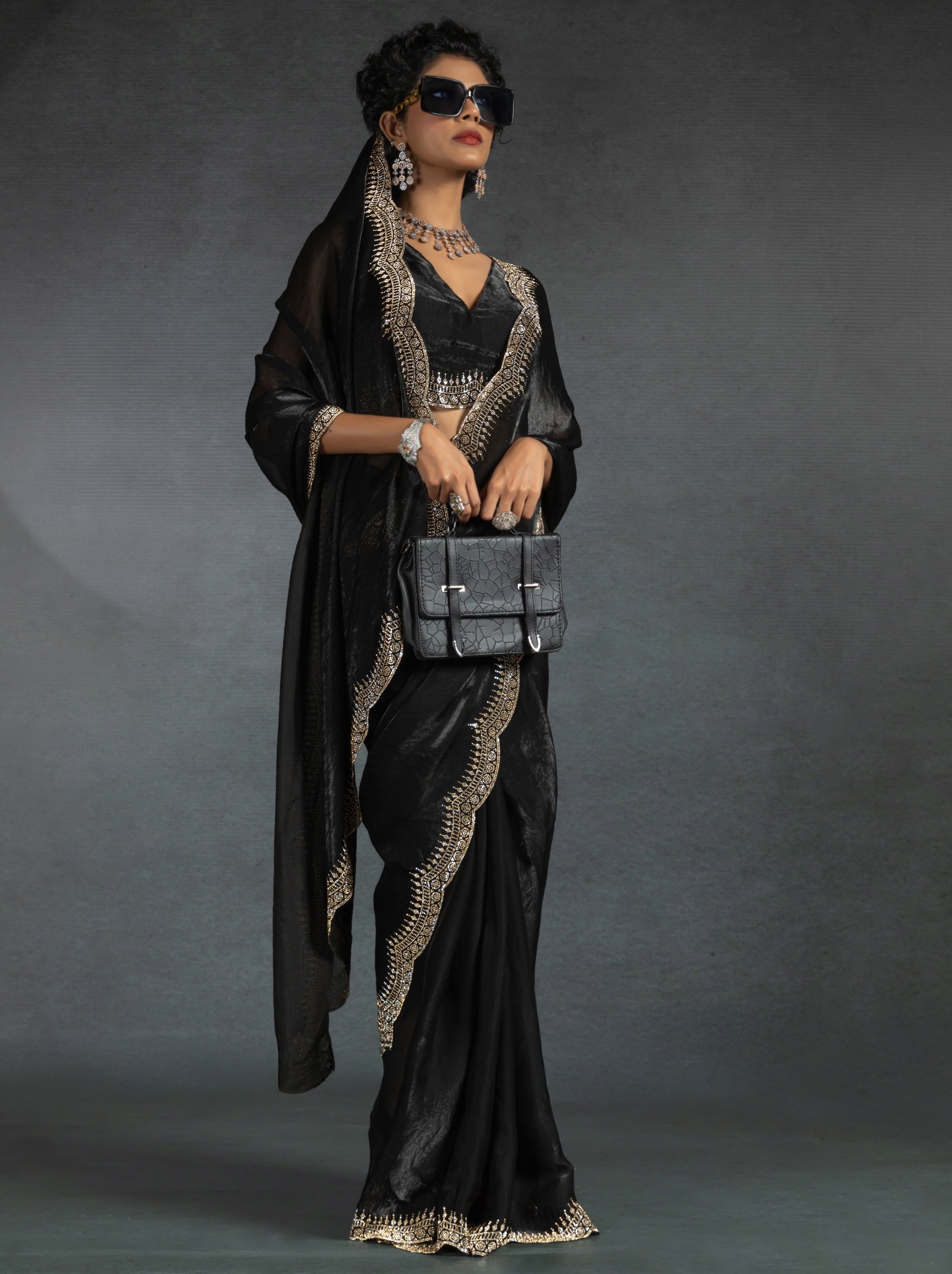 Black Satin Silk Party Saree Embellished With Zircon Handwork On Border