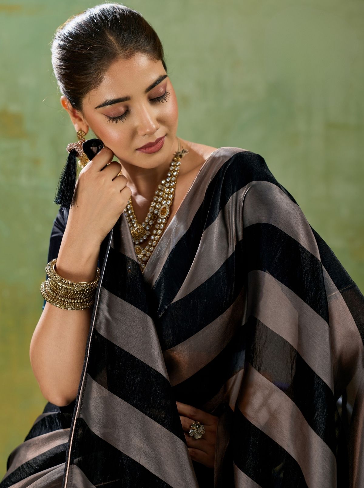 Black Premium Velvet Satin Saree With Tassel Work