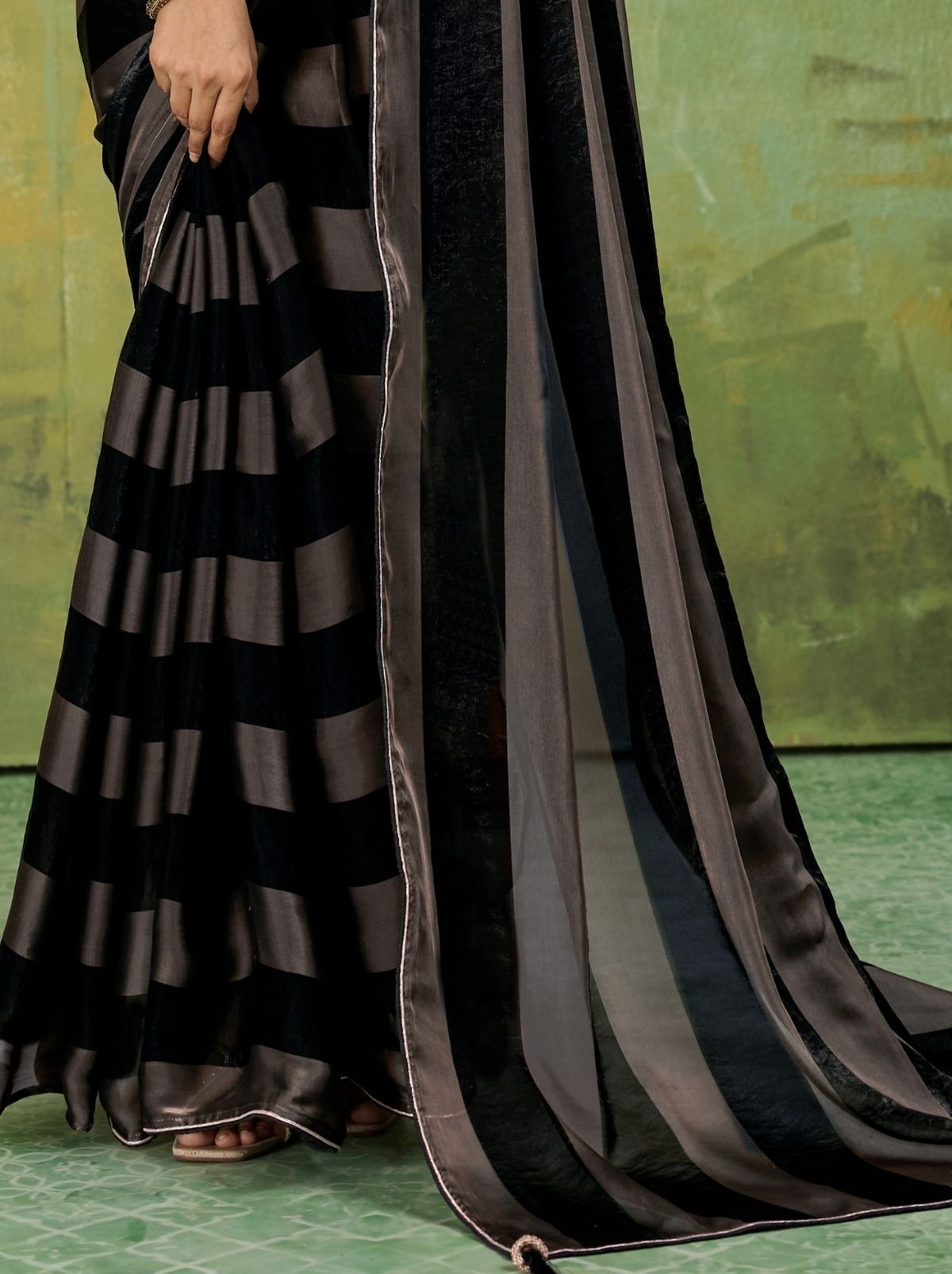 Black Premium Velvet Satin Saree With Tassel Work