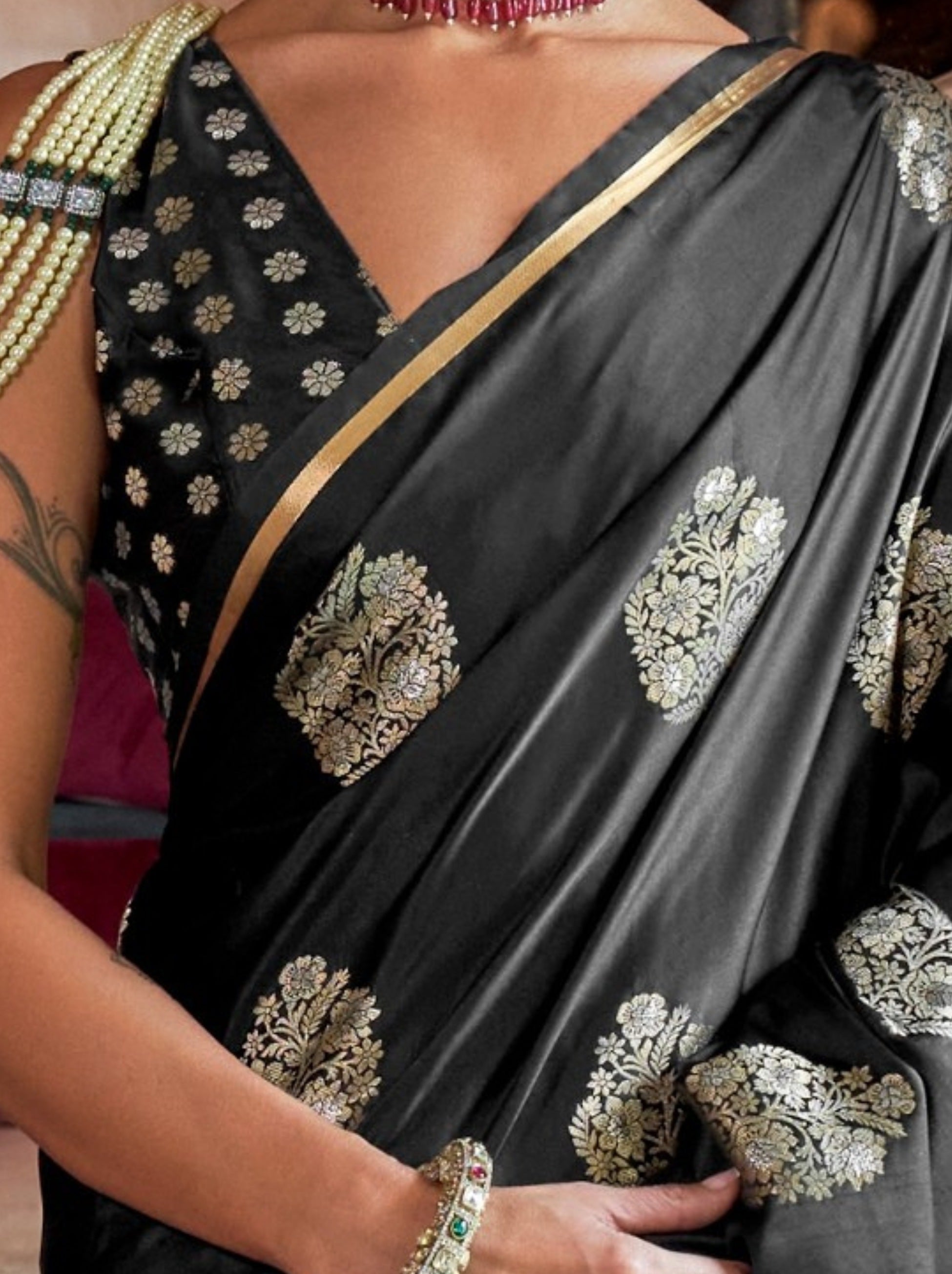 Black Ethnic Designer Satin Saree With Floral Motifs - TrendOye