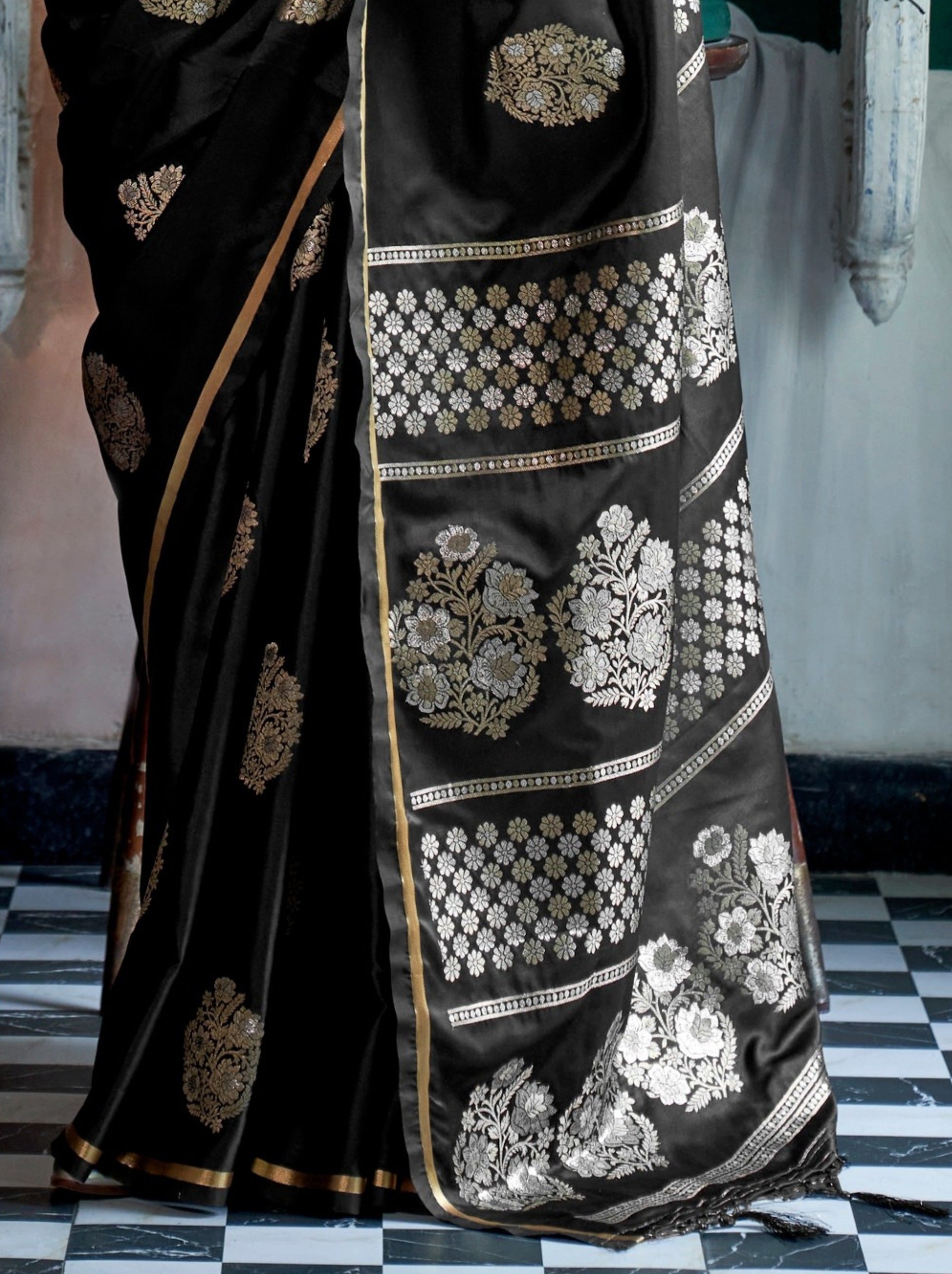 Black Ethnic Designer Satin Saree With Floral Motifs - TrendOye