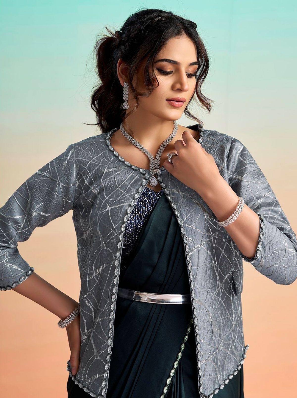 Carbon Black Ready to Wear Premium Satin Silk Pearl Work Saree