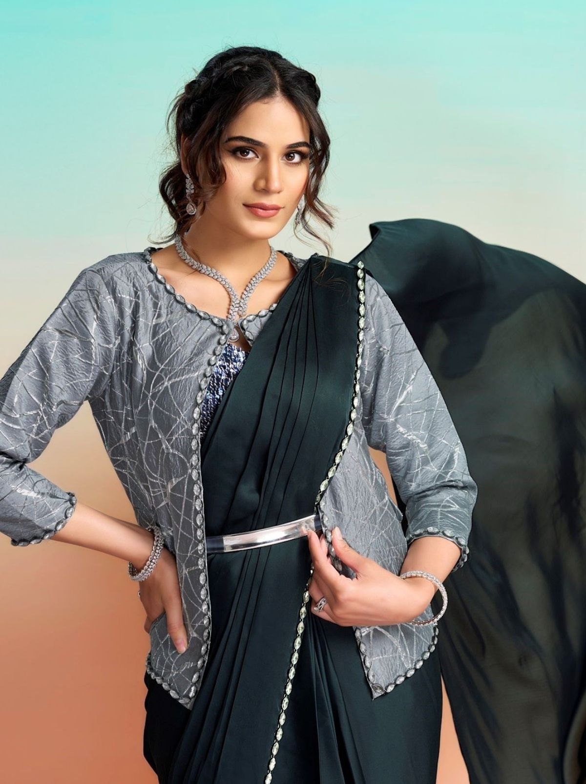 Carbon Black Ready to Wear Premium Satin Silk Pearl Work Saree
