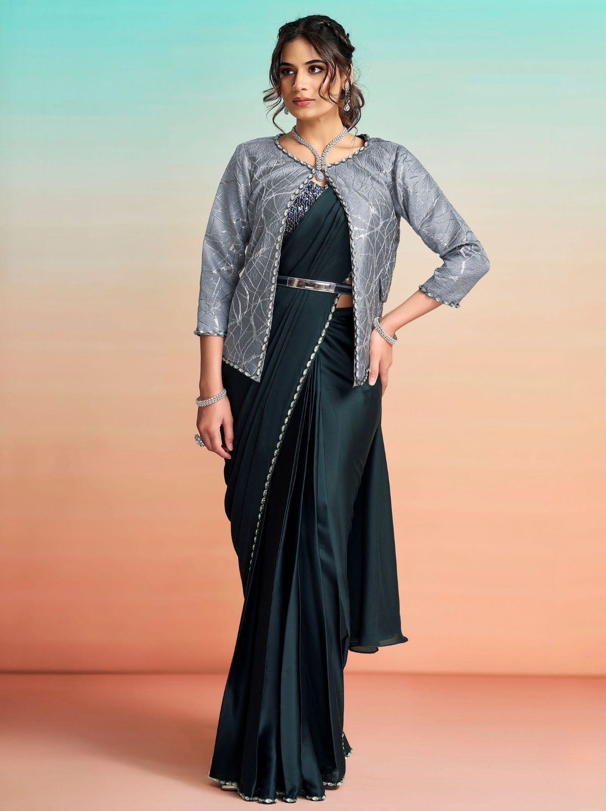 Carbon Black Ready to Wear Premium Satin Silk Pearl Work Saree