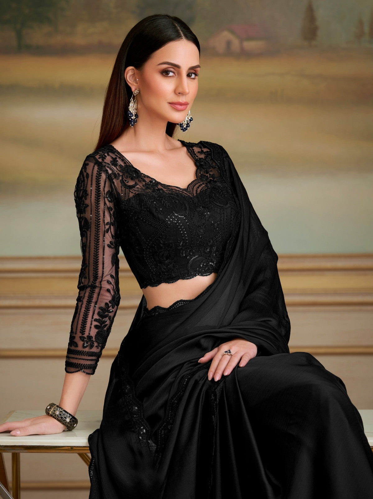 Black Satin Chiffon Silk Saree with Designer Blouse Piece