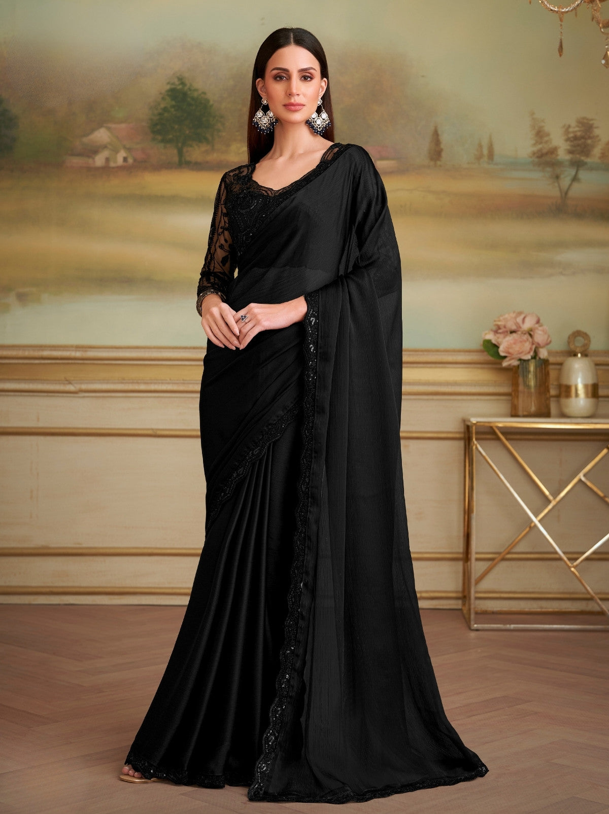 Black Satin Chiffon Silk Saree with Designer Blouse Piece