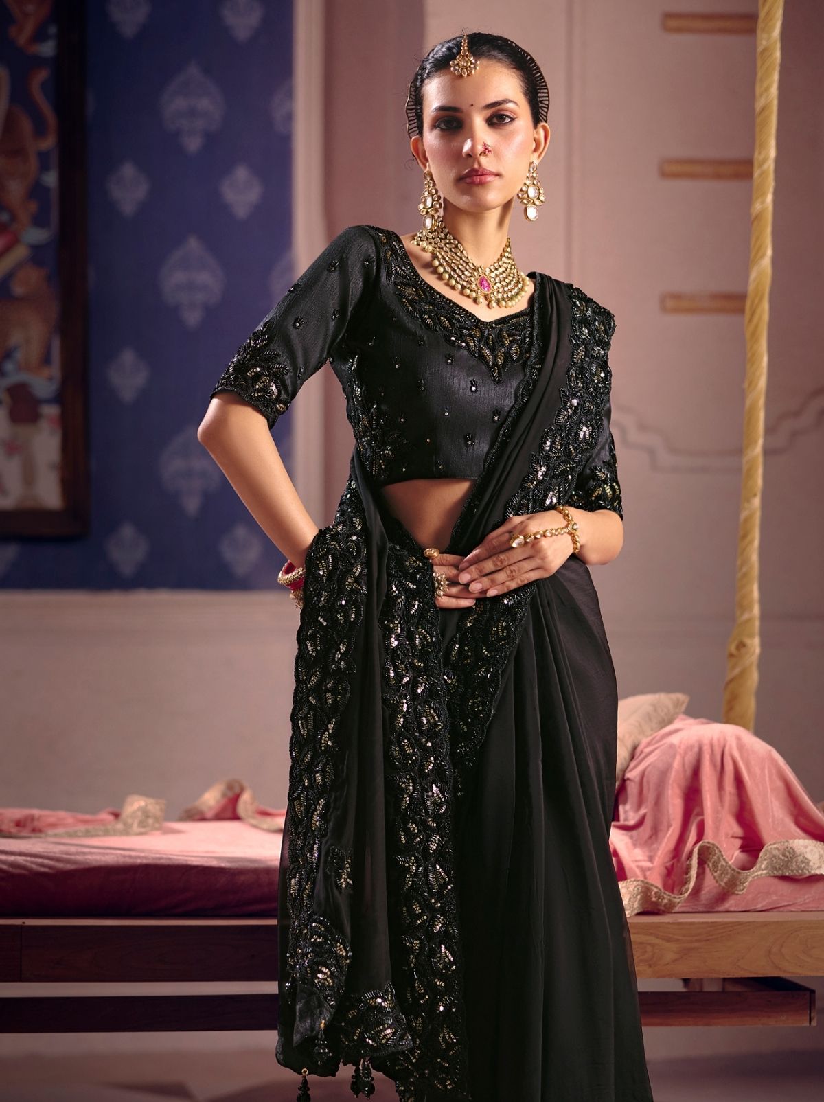Black Tissue Silk Saree with Luxurious Zari & Embroidered Border