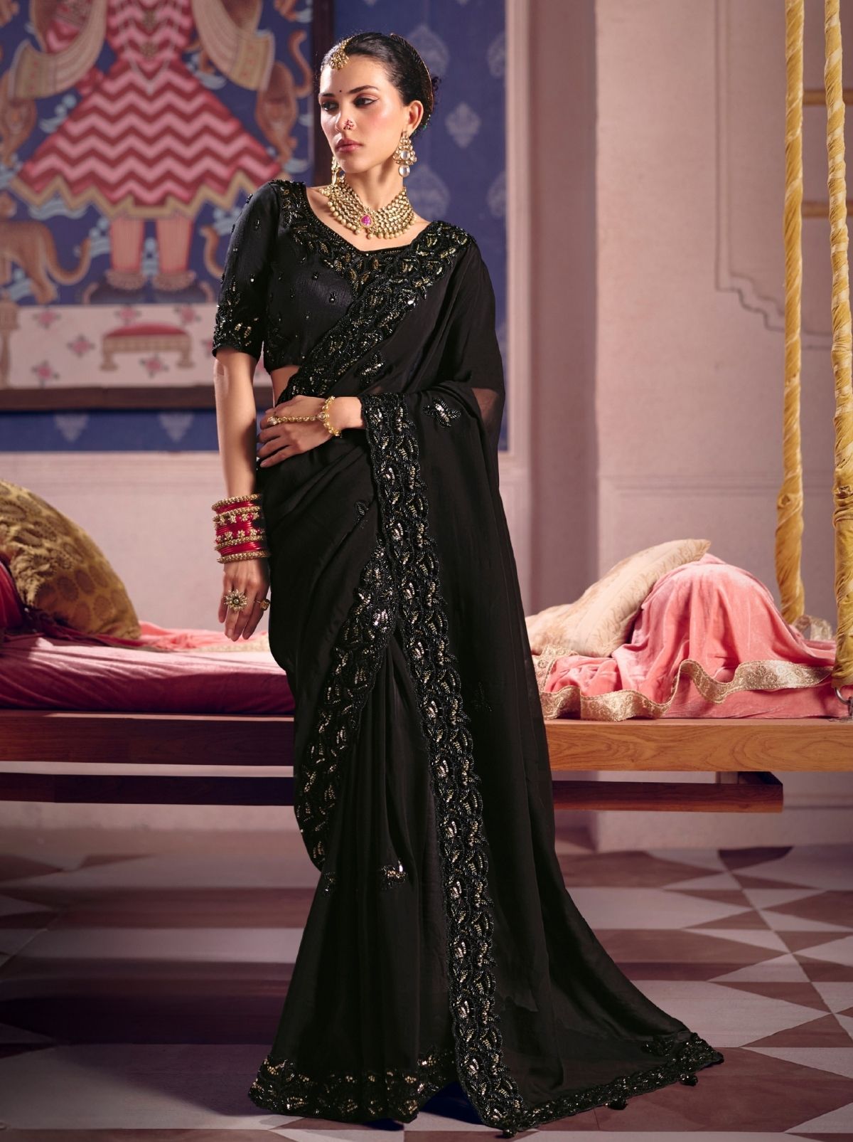 Black Tissue Silk Saree with Luxurious Zari & Embroidered Border
