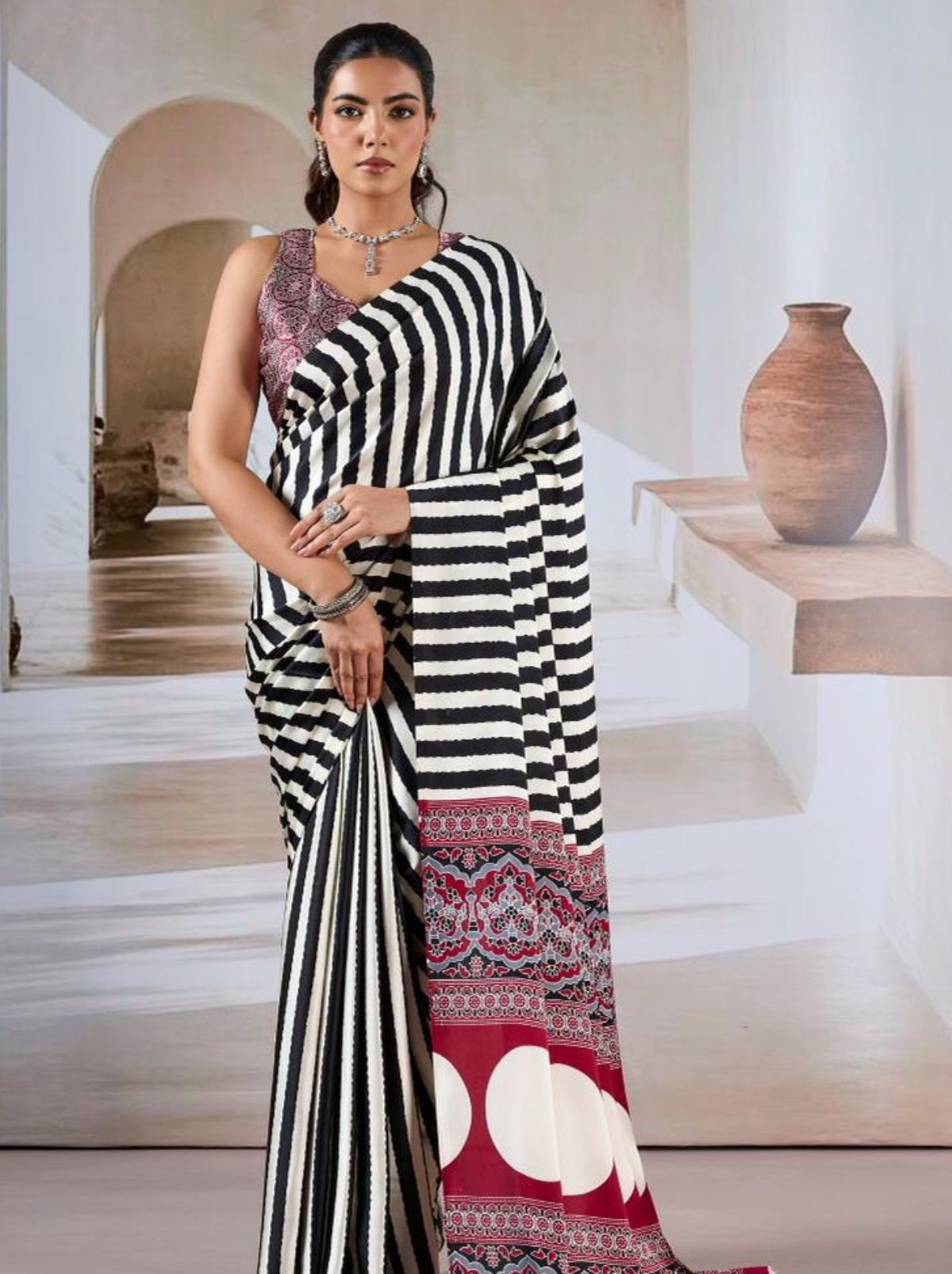 Black Trendy Striped Ajrakh Print Saree With Blouse Piece - TrendOye
