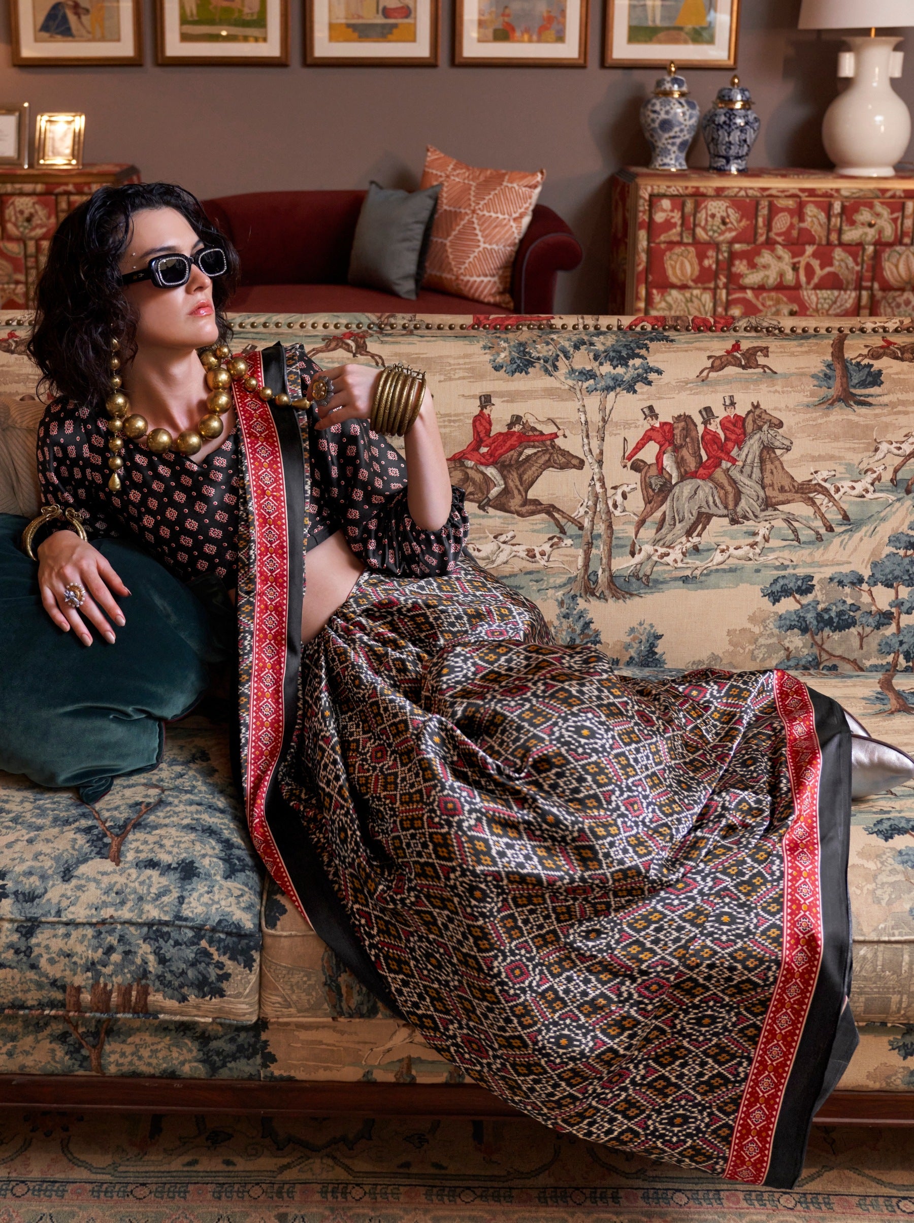 Black Satin Crepe Patola Party Saree - TrendOye