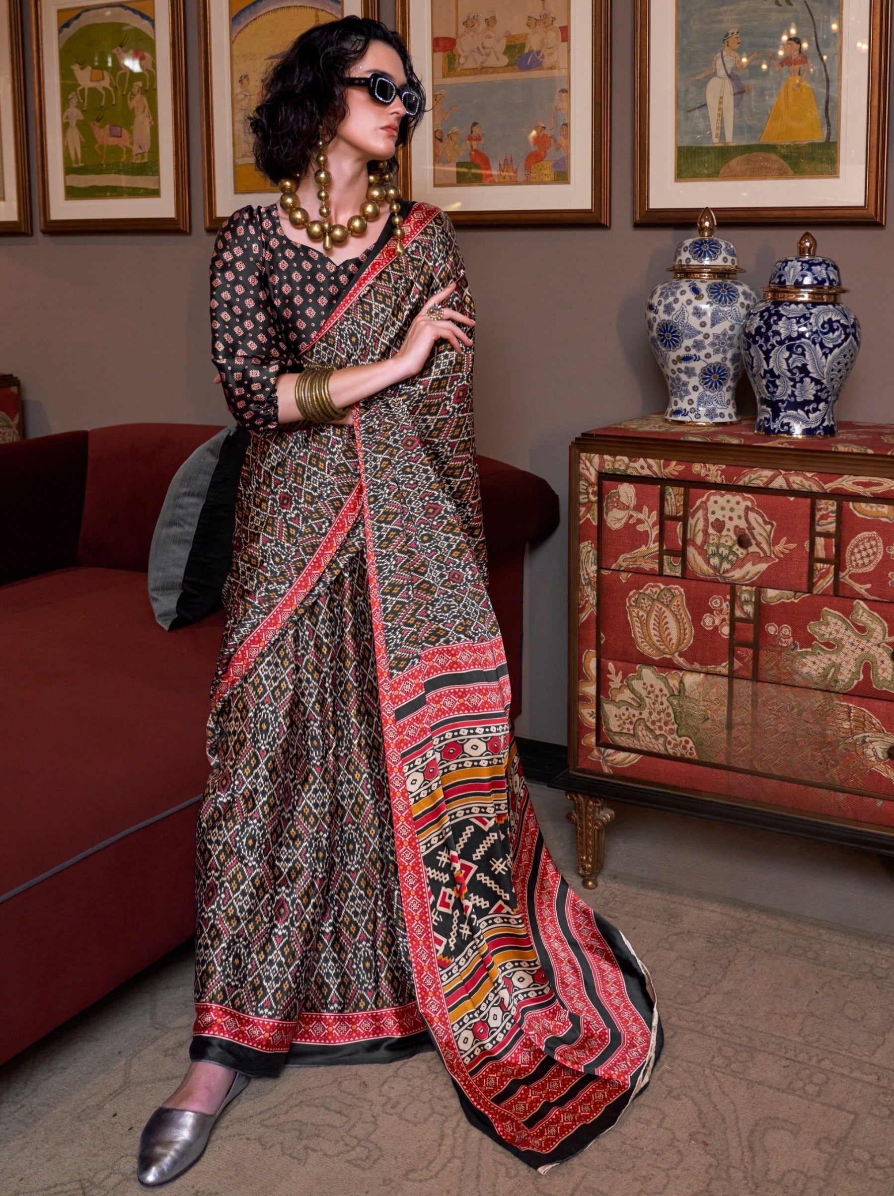 Black Satin Crepe Patola Party Saree - TrendOye